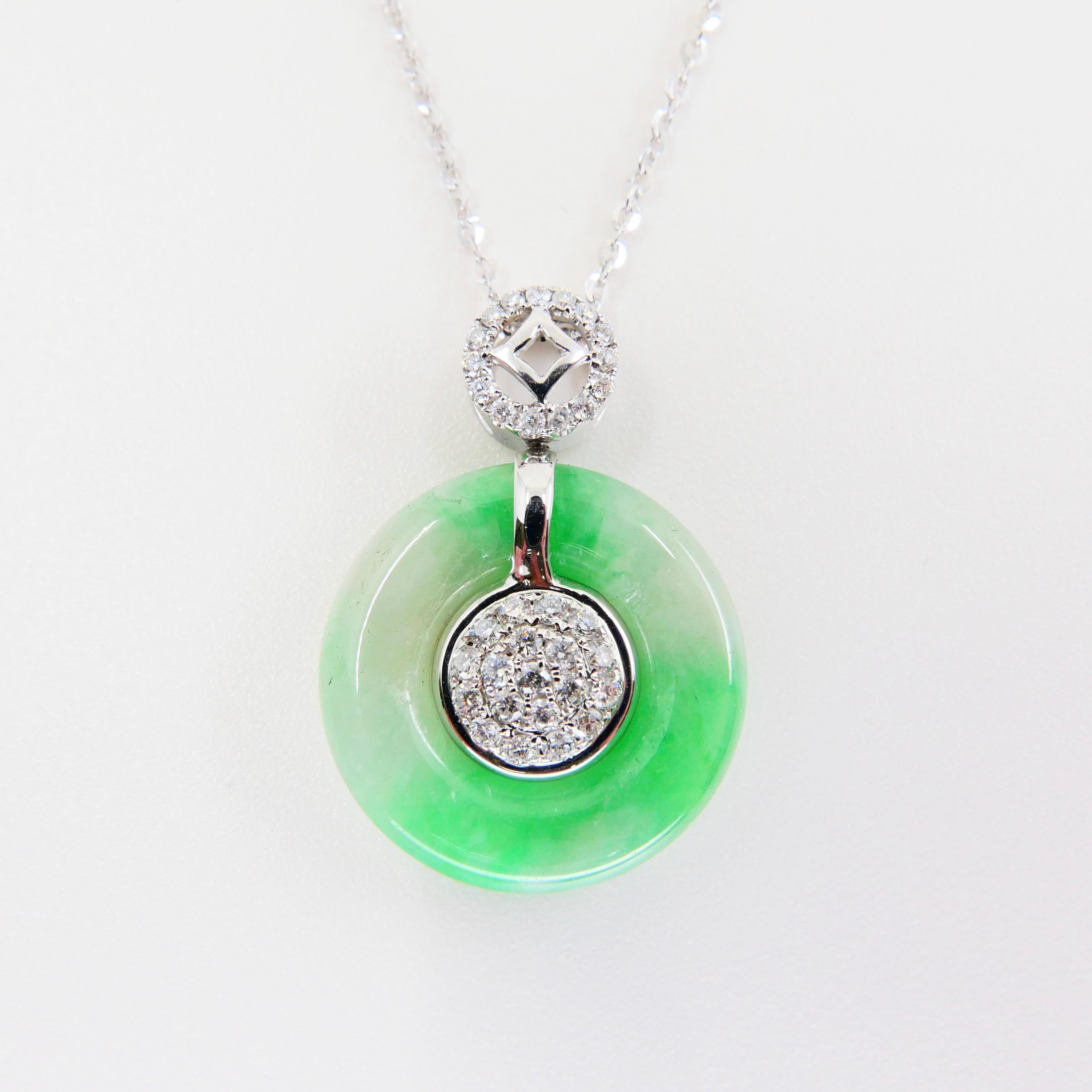 Certified Type A Jade Diamond Pendant Necklace, Apple Green Patches, Reversible In New Condition For Sale In Hong Kong, HK