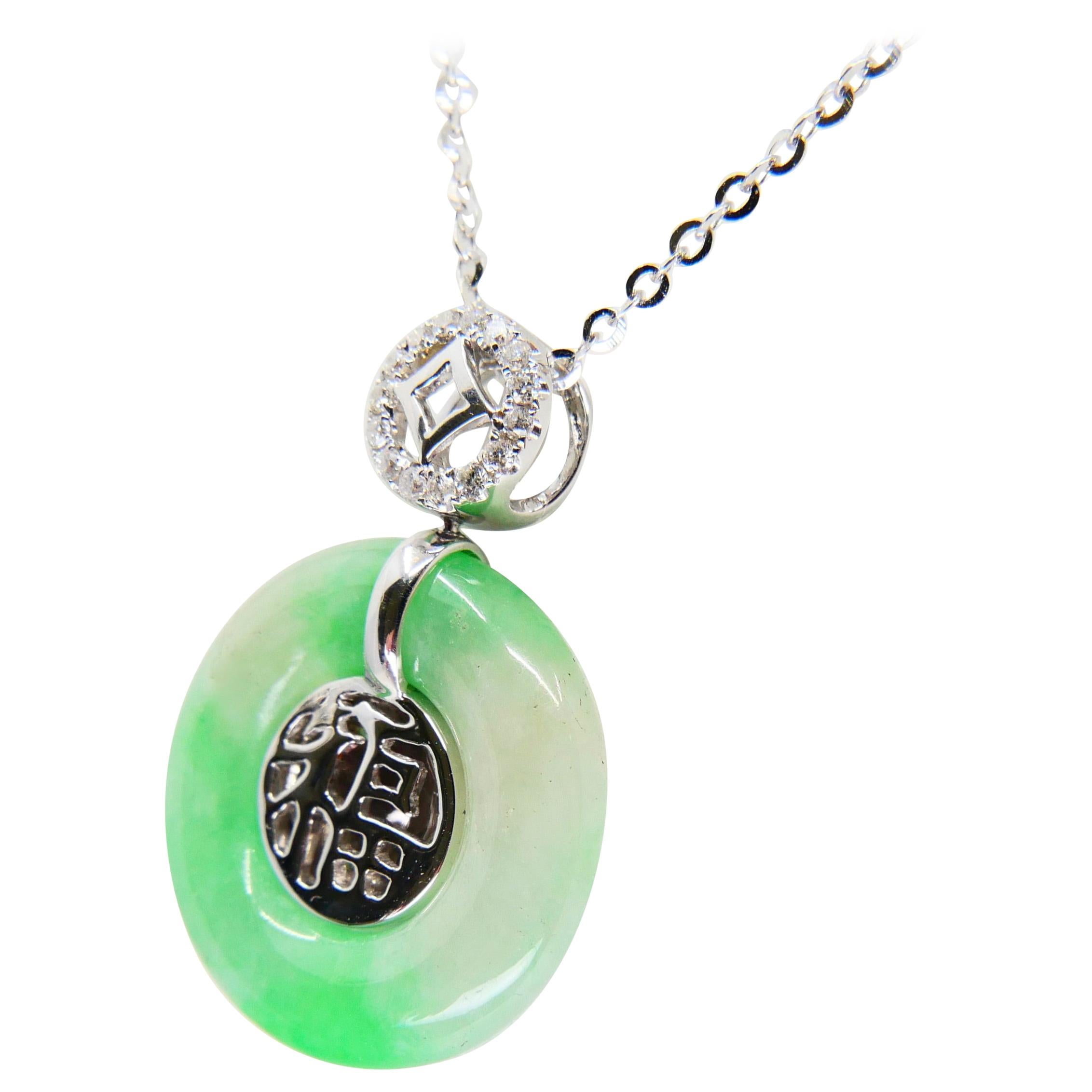 Certified Type A Jade Diamond Pendant Necklace, Apple Green Patches, Reversible For Sale