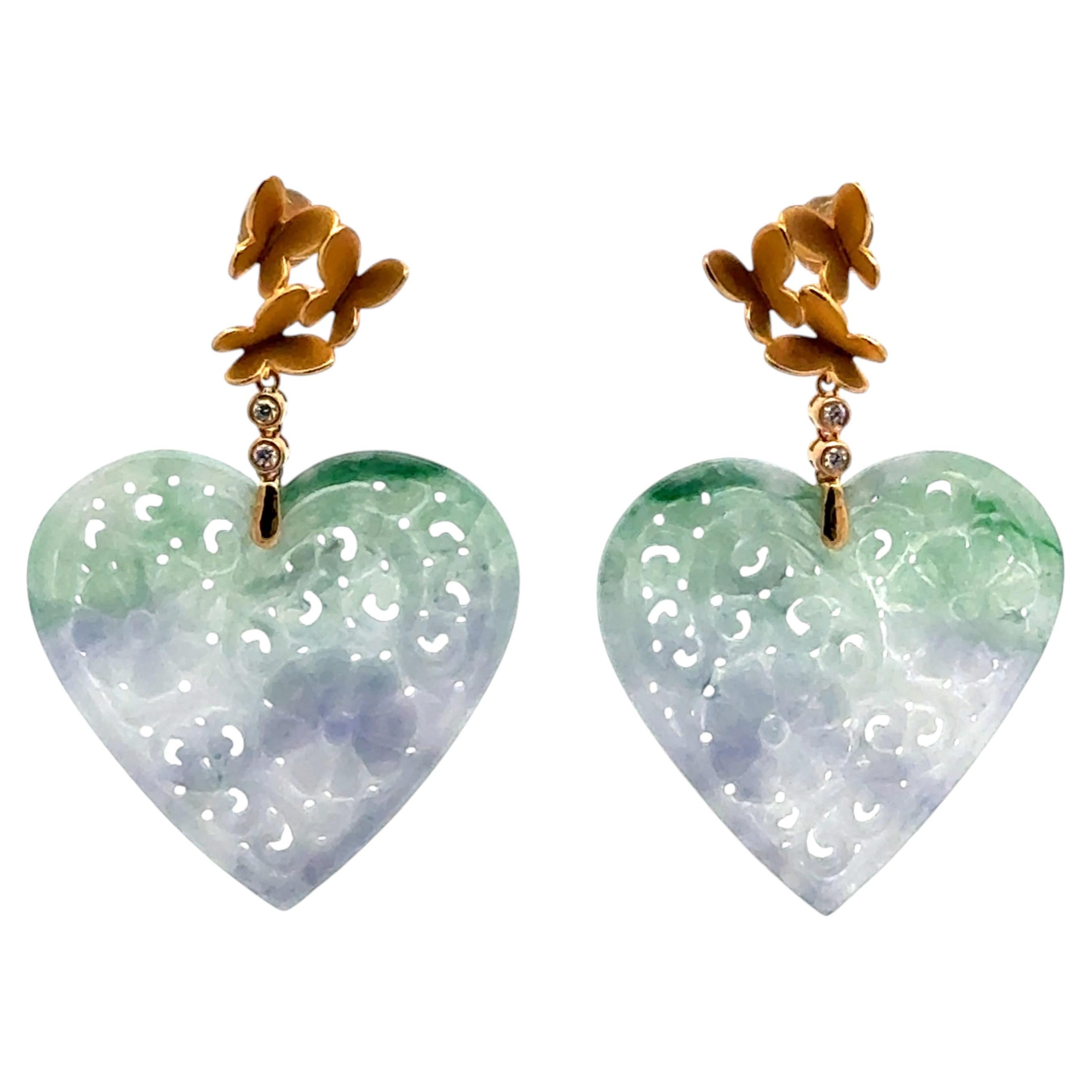 Certified Type A jade lavender green butterfly earring 18k gold For Sale