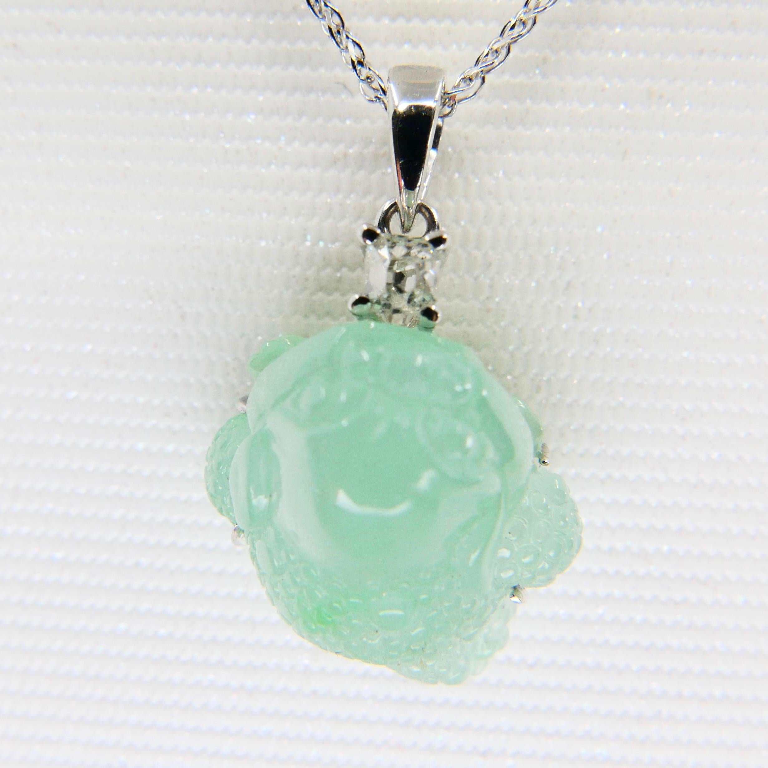 Certified Type A Jade Mythical Beast Drop Pendant Necklace, Icy Green 6