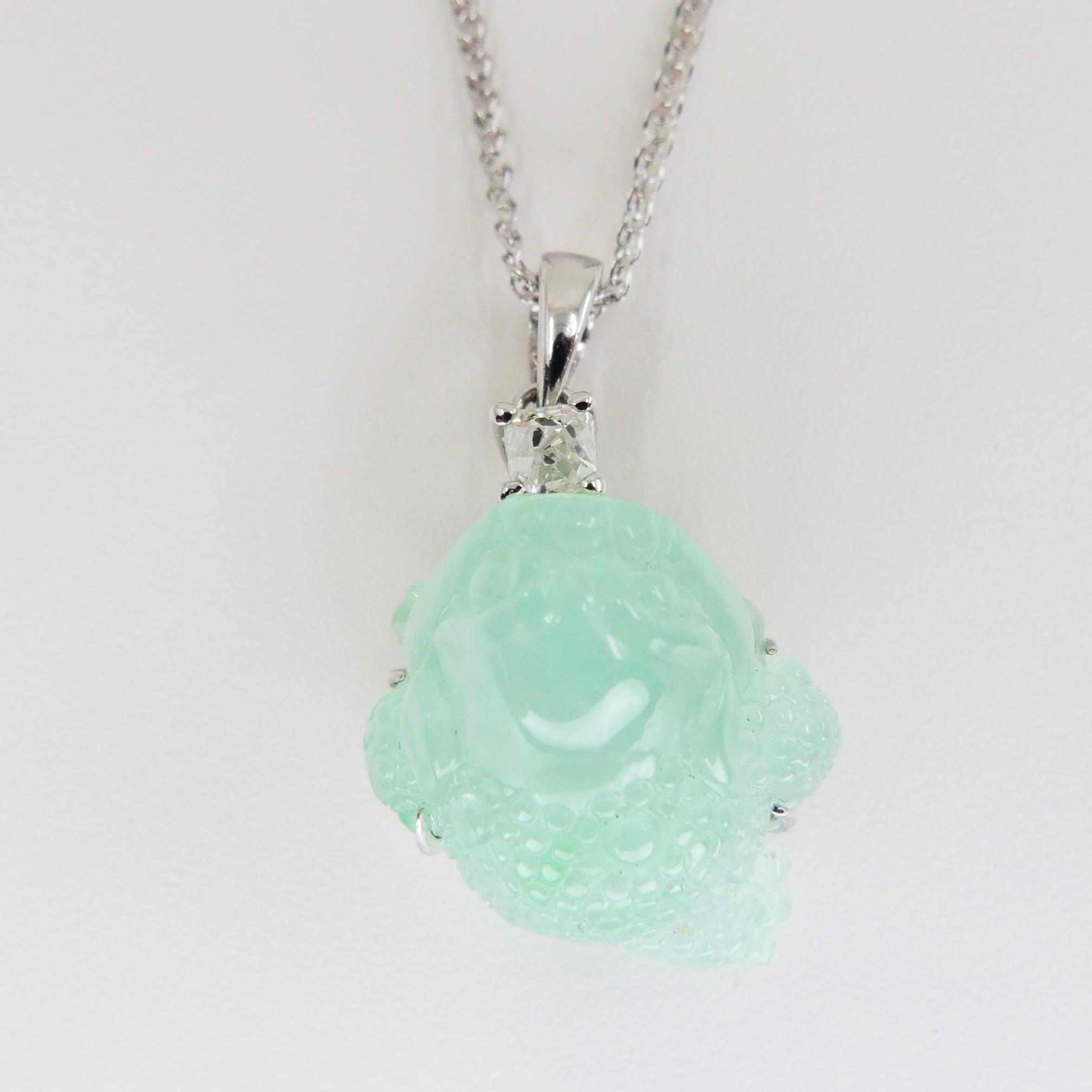 Certified Type A Jade Mythical Beast Drop Pendant Necklace, Icy Green 8