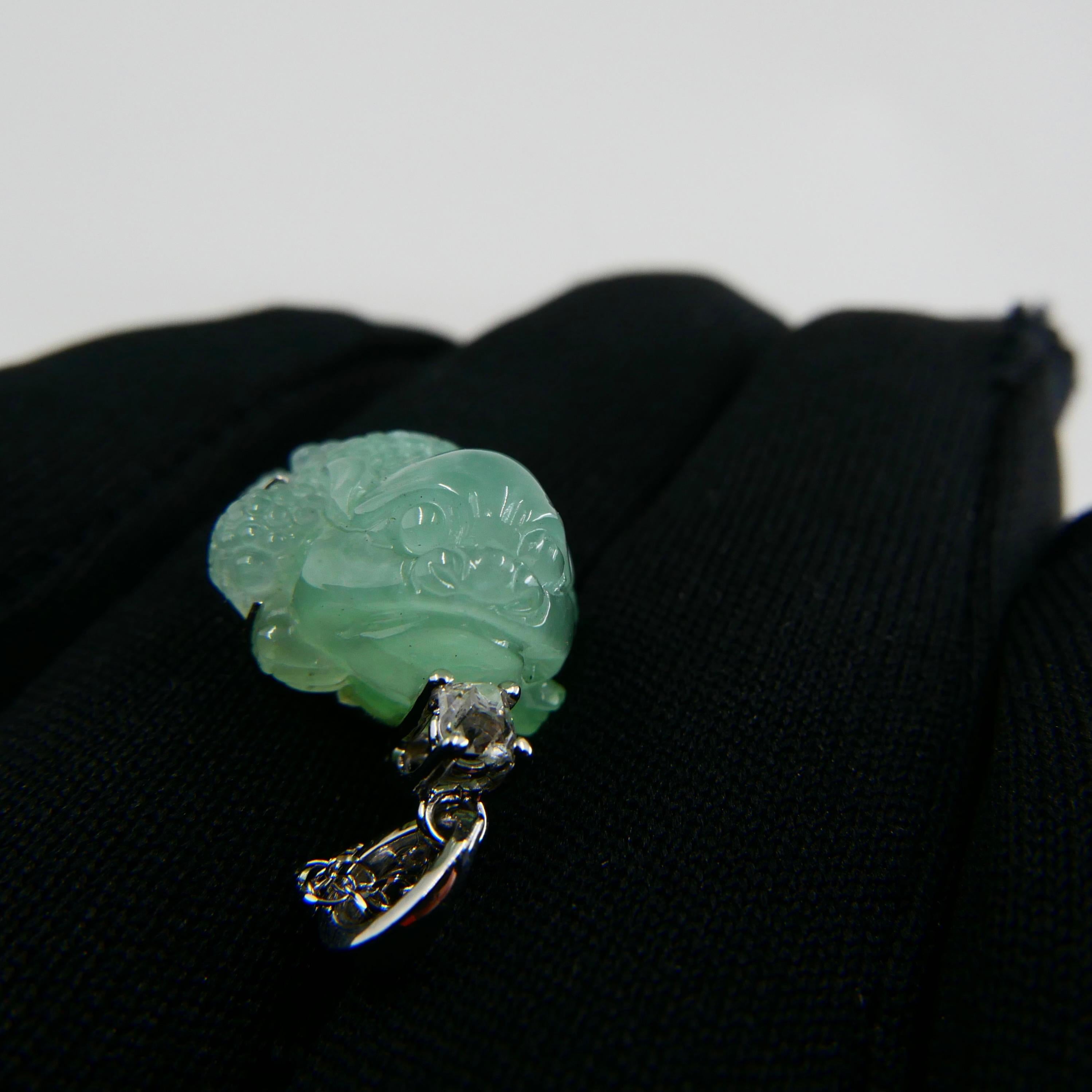 Old Mine Cut Certified Type A Jade Mythical Beast Drop Pendant Necklace, Icy Green