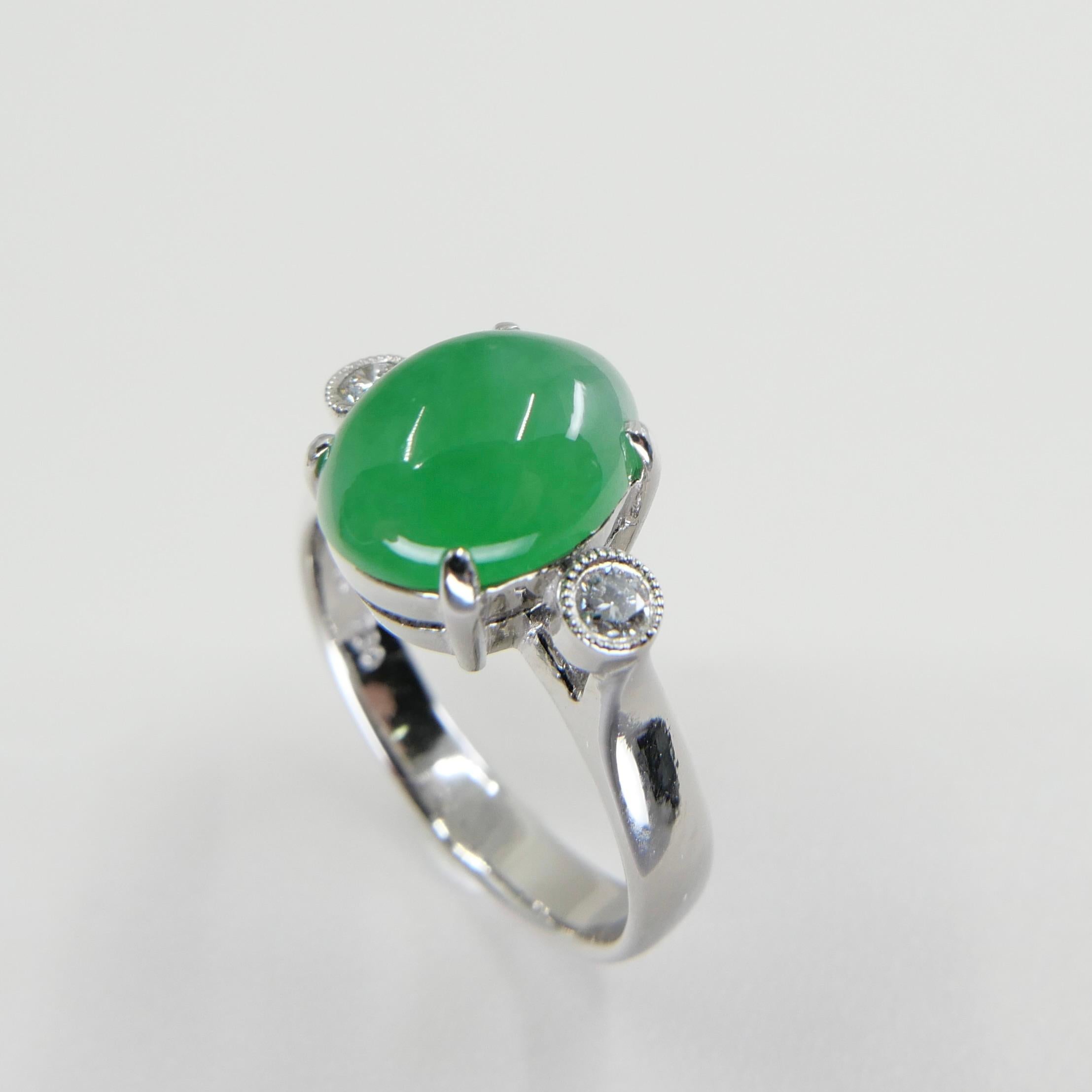 Certified Type a Jade & Oval Diamond 3 Stone Ring, Glowing Apple Green Color For Sale 5