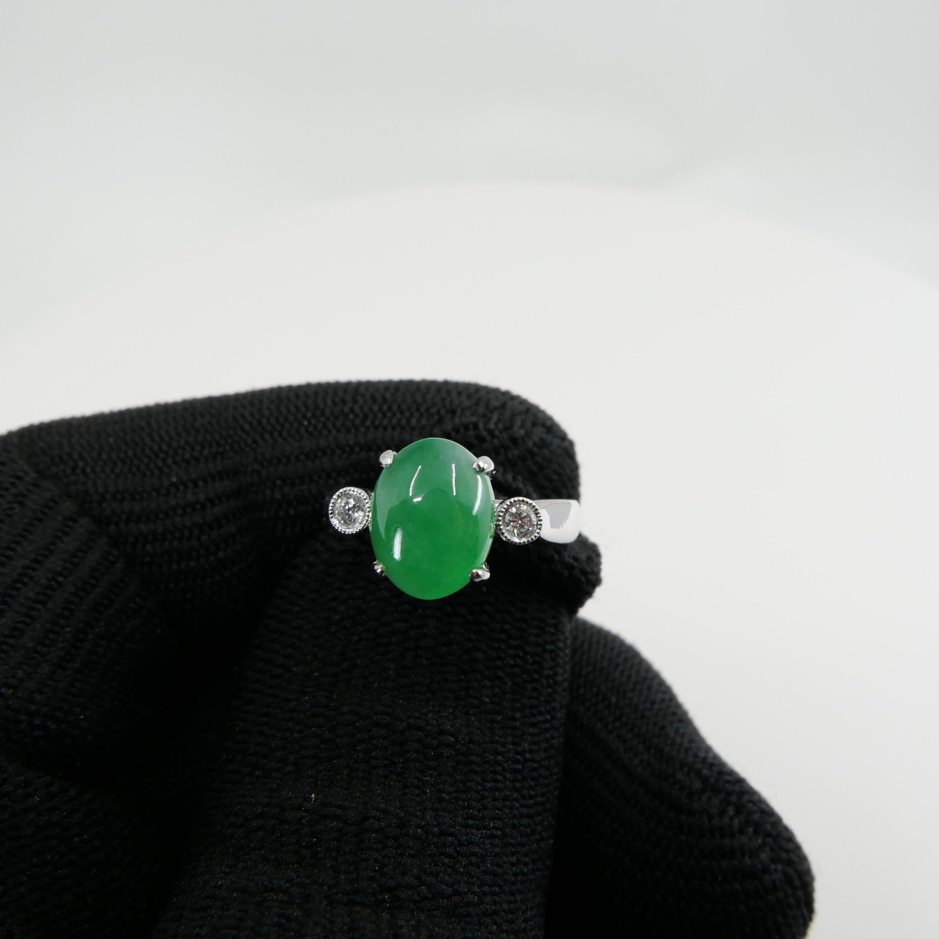 Certified Type a Jade & Oval Diamond 3 Stone Ring, Glowing Apple Green Color For Sale 6
