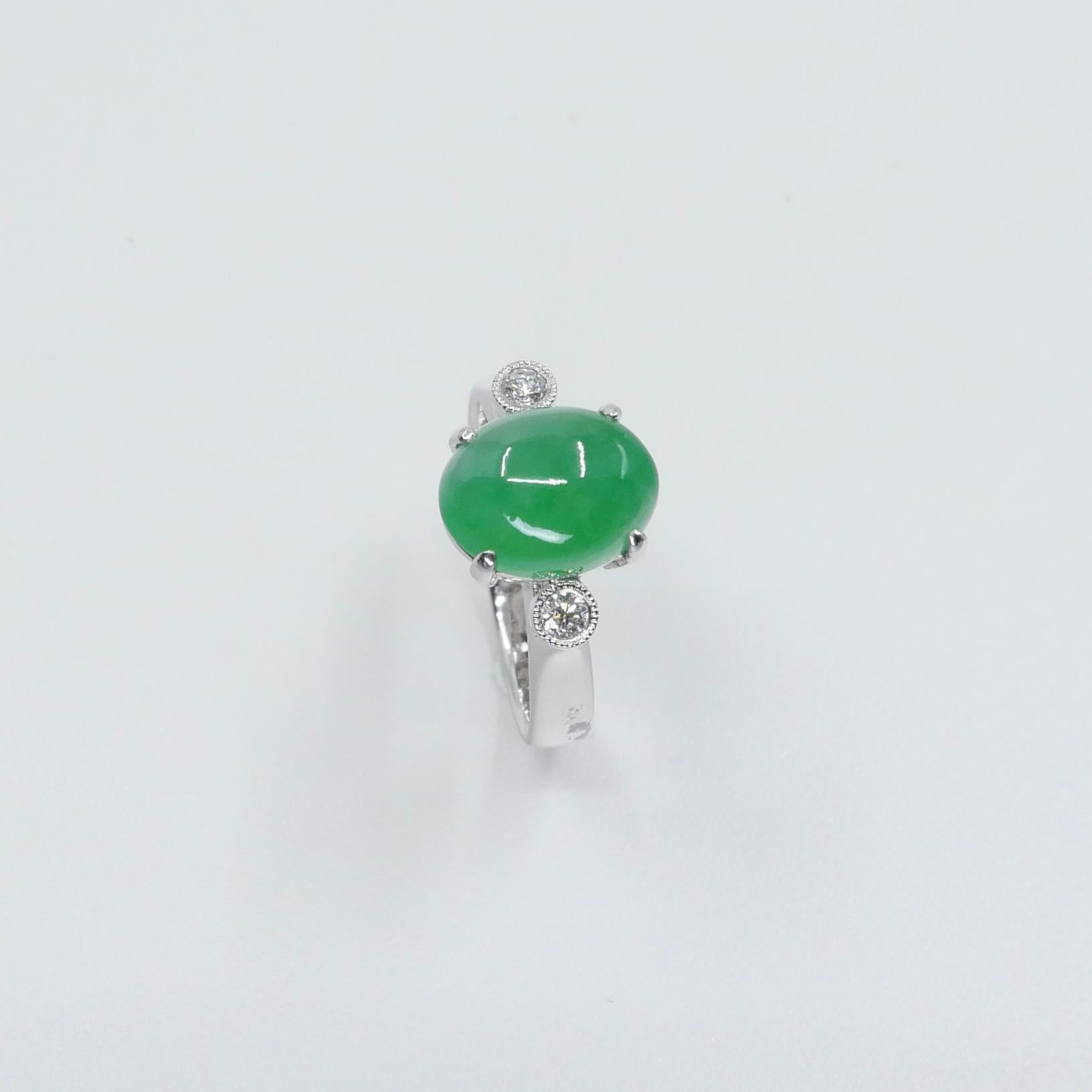 Certified Type a Jade & Oval Diamond 3 Stone Ring, Glowing Apple Green Color For Sale 2