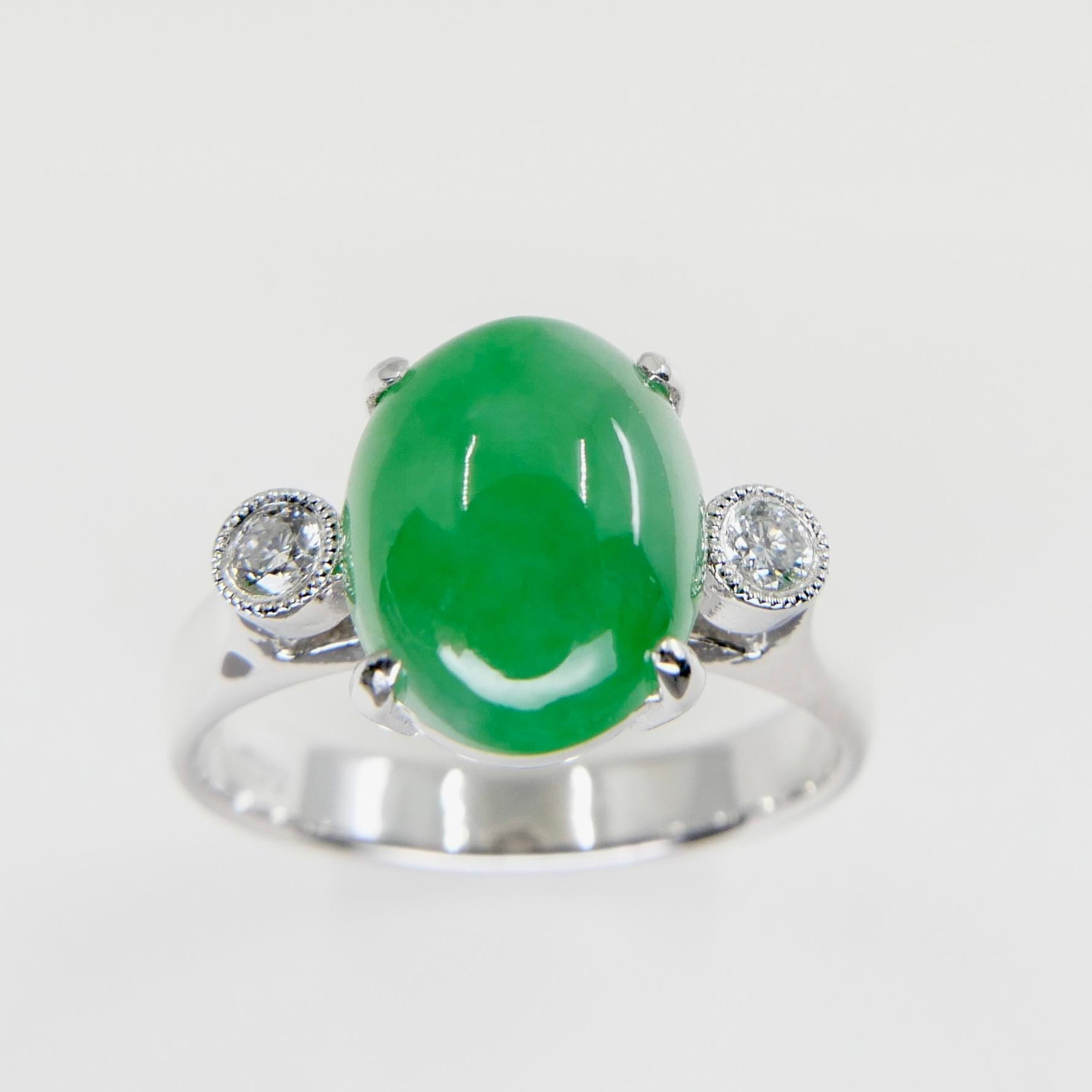 Certified Type a Jade & Oval Diamond 3 Stone Ring, Glowing Apple Green Color For Sale 8