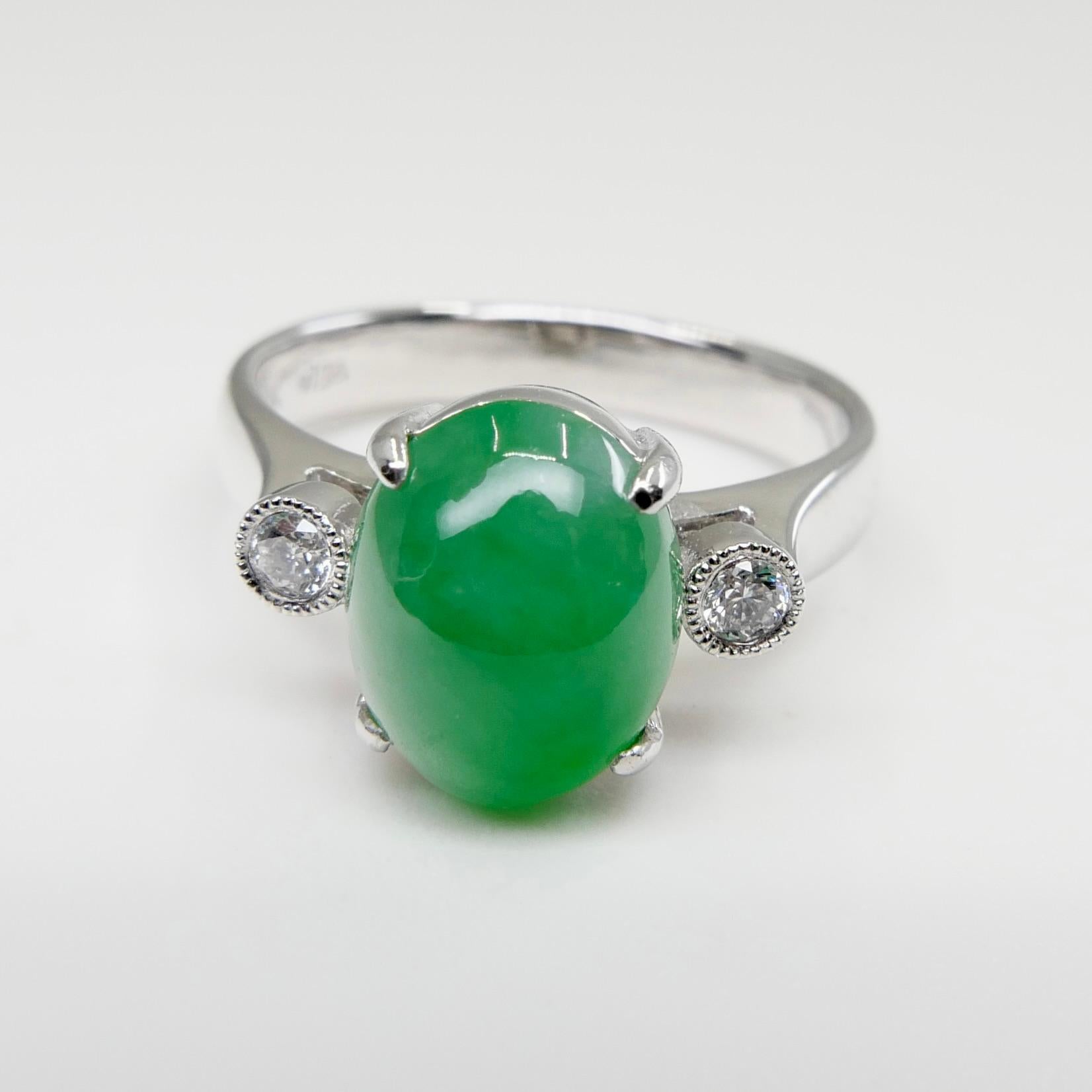Women's Certified Type a Jade & Oval Diamond 3 Stone Ring, Glowing Apple Green Color For Sale