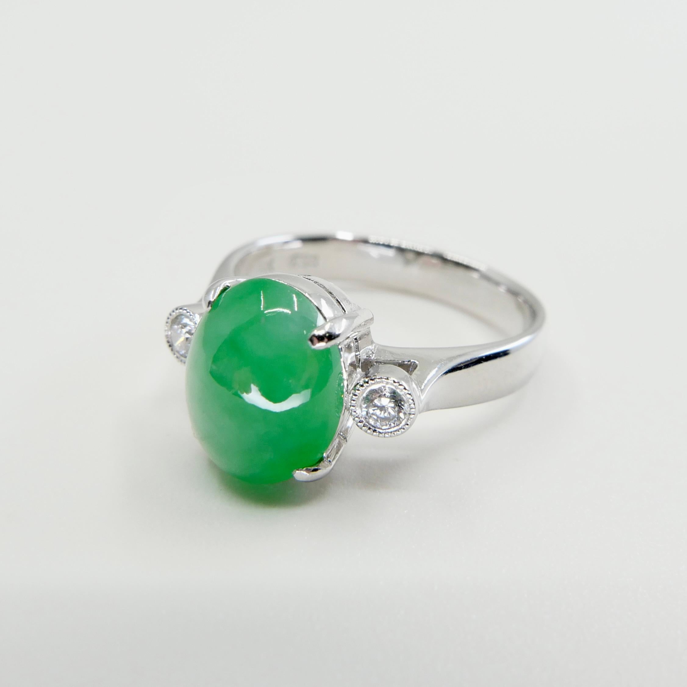 Certified Type a Jade & Oval Diamond 3 Stone Ring, Glowing Apple Green Color For Sale 10
