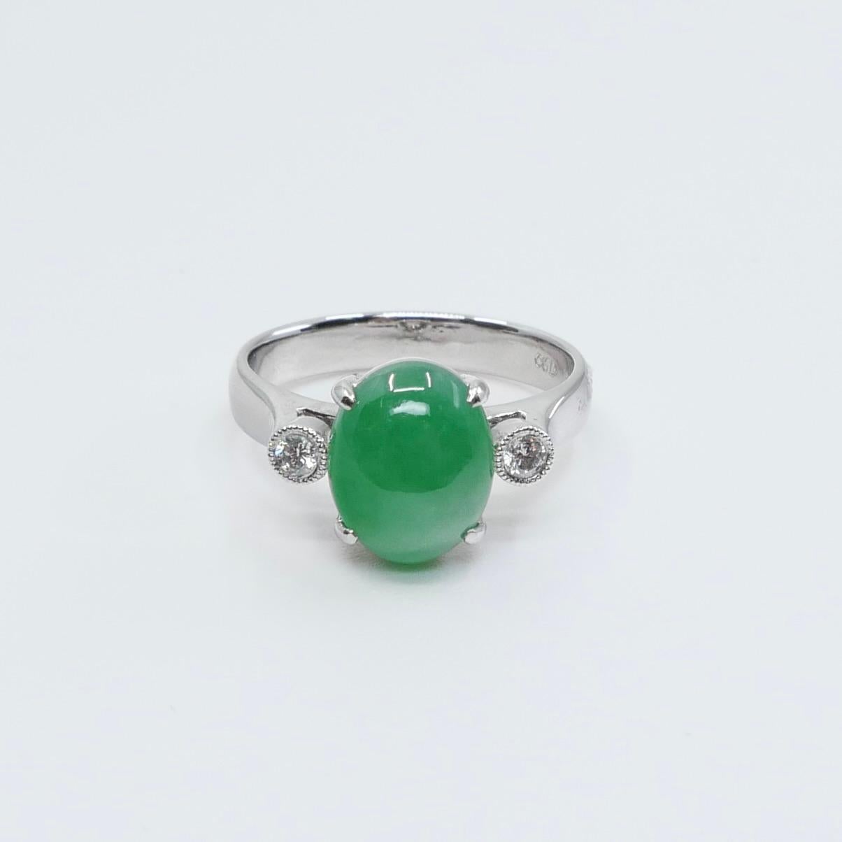 Certified Type a Jade & Oval Diamond 3 Stone Ring, Glowing Apple Green Color For Sale 7