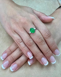 Certified Type a Jade & Oval Diamond 3 Stone Ring, Glowing Apple Green Color
