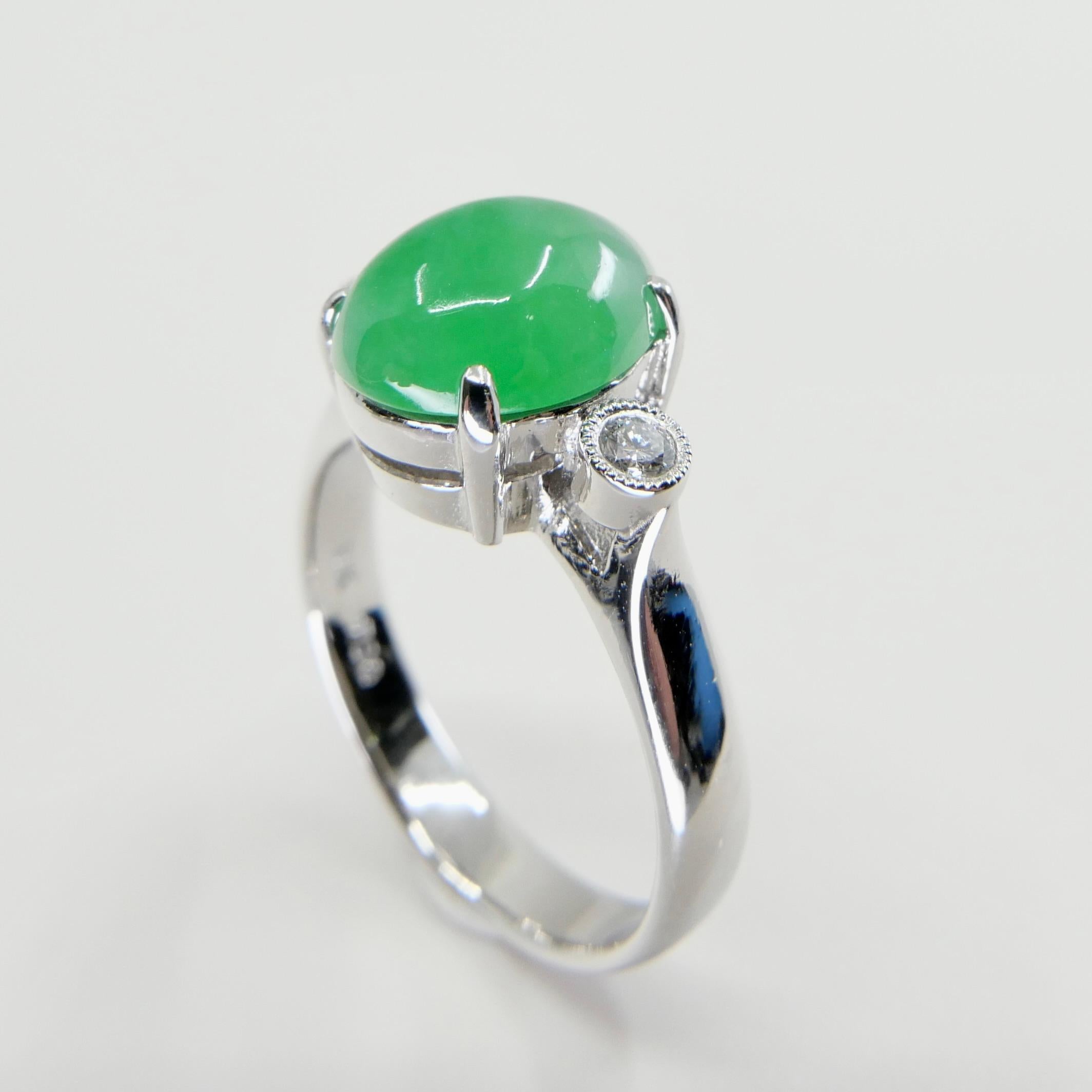 Cabochon Certified Type a Jade & Oval Diamond 3 Stone Ring, Glowing Apple Green Color For Sale
