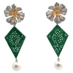 Certified Type A jade pearl flower dangle earring 18k gold