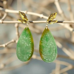 18K Gold Diamond Feather Dangle Earrings with Type A Jadeite