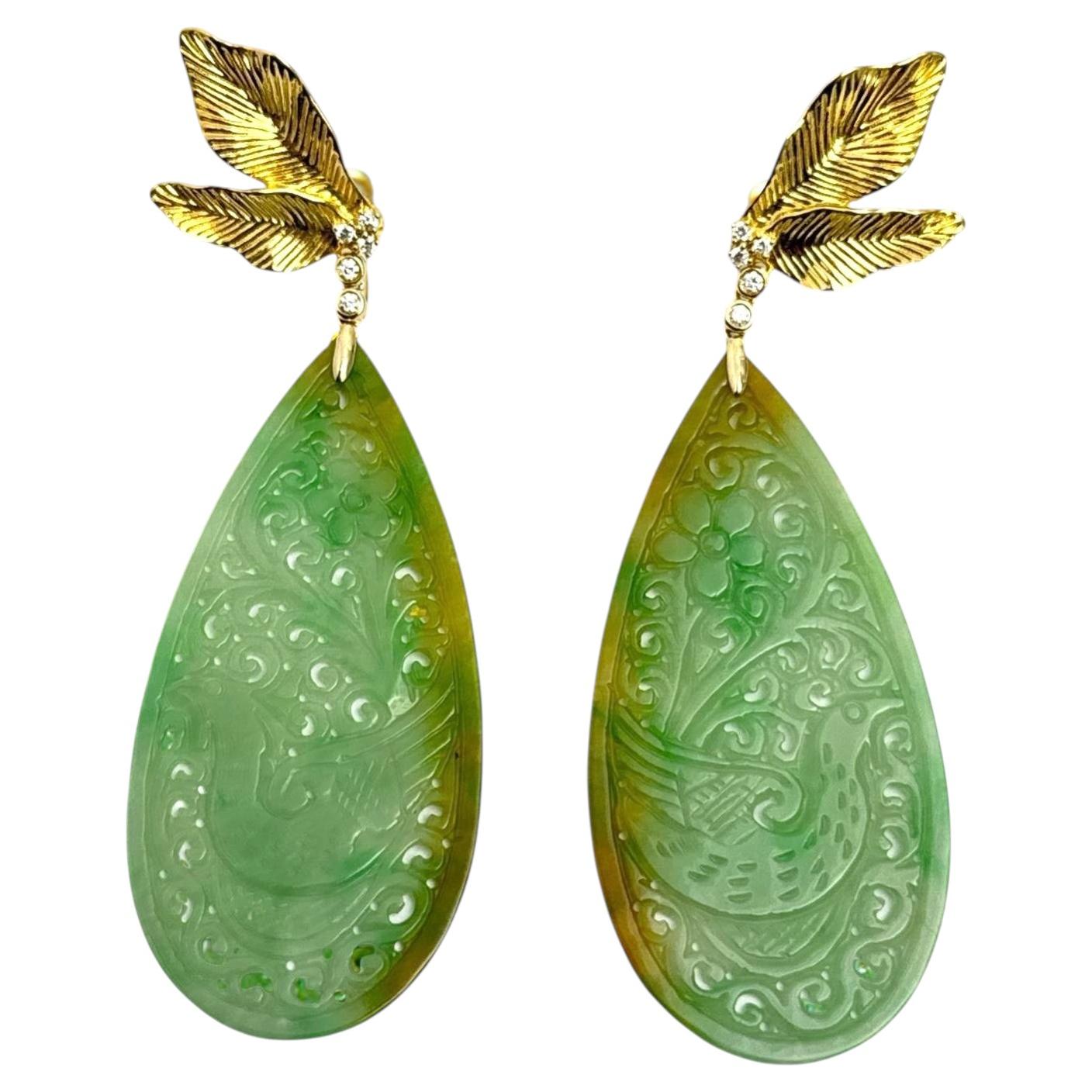 18K Gold Diamond Feather Dangle Earrings with Type A Jadeite For Sale