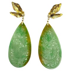 18K Gold Diamond Feather Dangle Earrings with Type A Jadeite