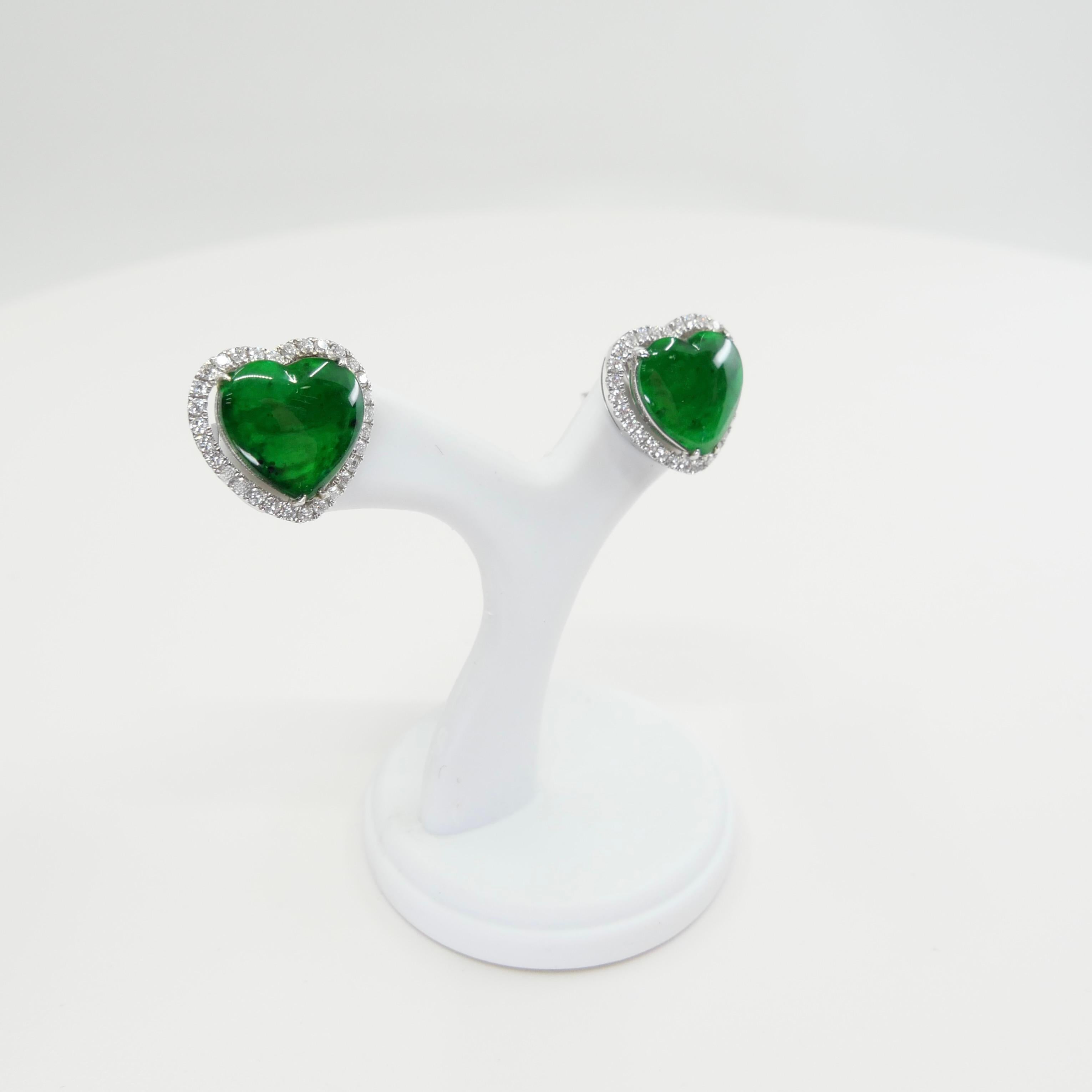 Certified Type A Jadeite and Diamond Earrings Imperial Jade, Spinach Green Color 8
