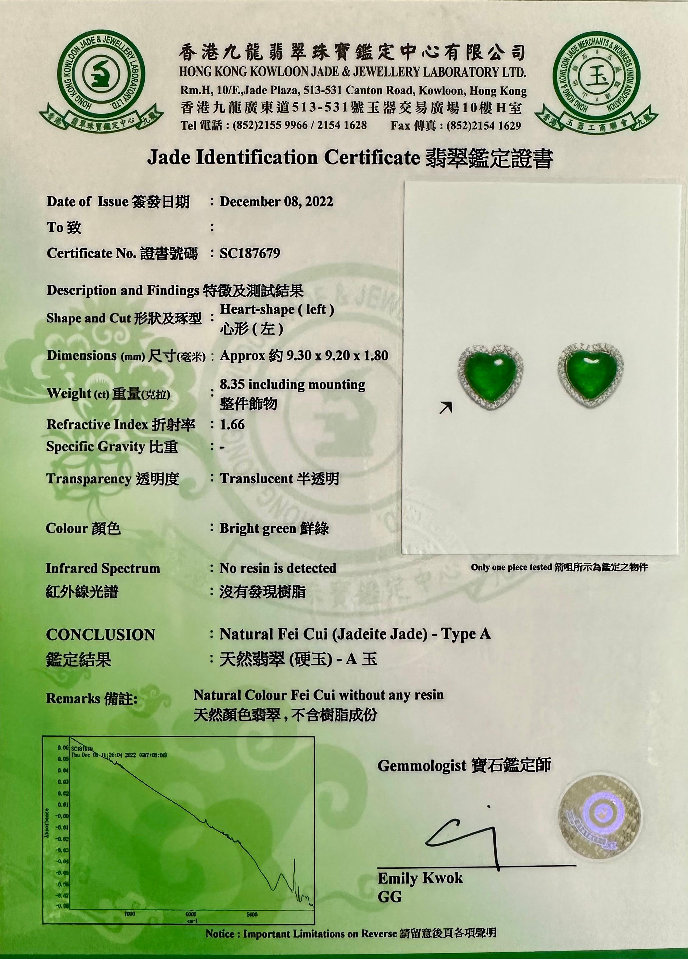 Certified Type A Jadeite and Diamond Earrings Imperial Jade, Spinach Green Color 11