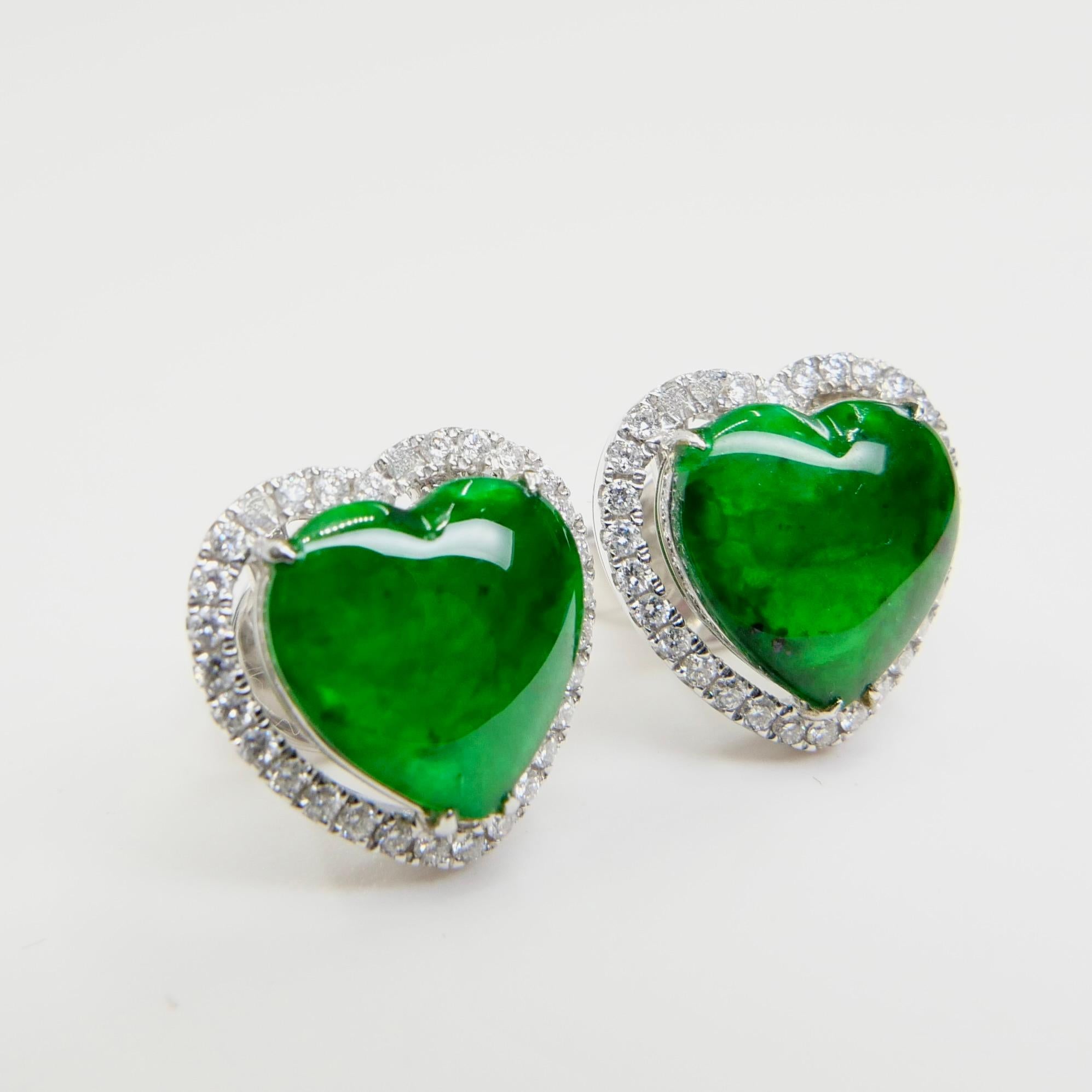 Zertifizierter Typ A Jadeit und Diamant-Ohrringe Imperial Jade, Spinatgrüne Farbe (Herzschliff)