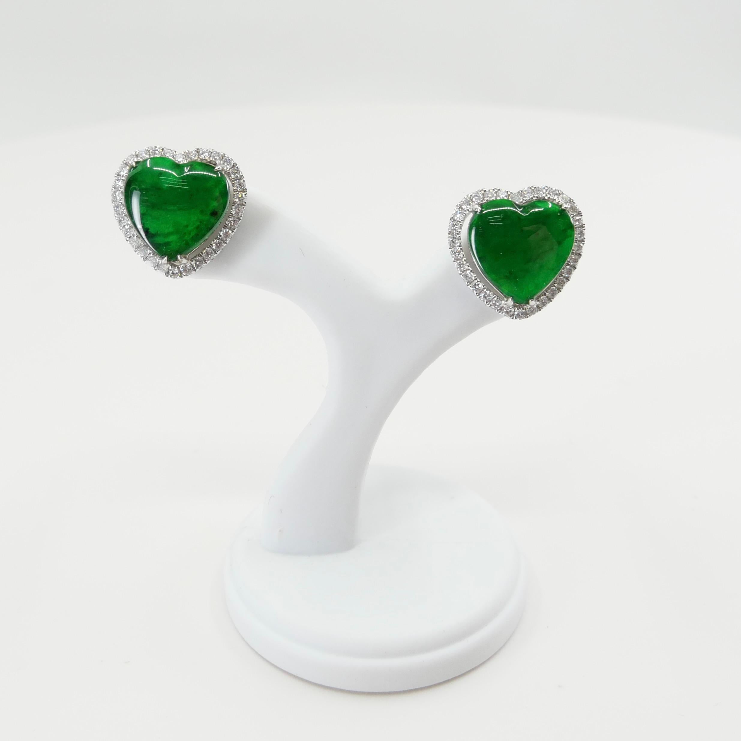 Heart Cut Certified Type A Jadeite and Diamond Earrings Imperial Jade, Spinach Green Color