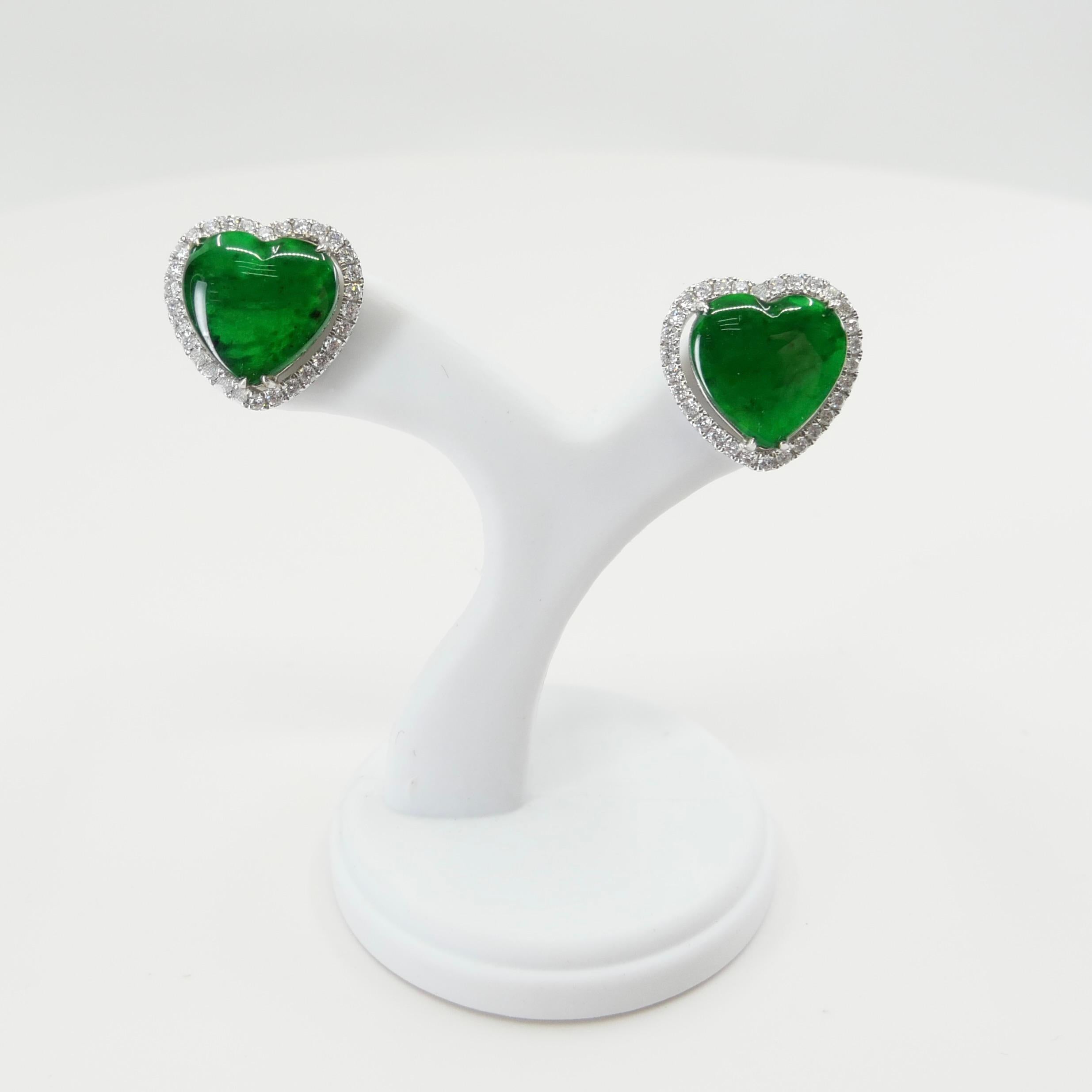 Zertifizierter Typ A Jadeit und Diamant-Ohrringe Imperial Jade, Spinatgrüne Farbe 1
