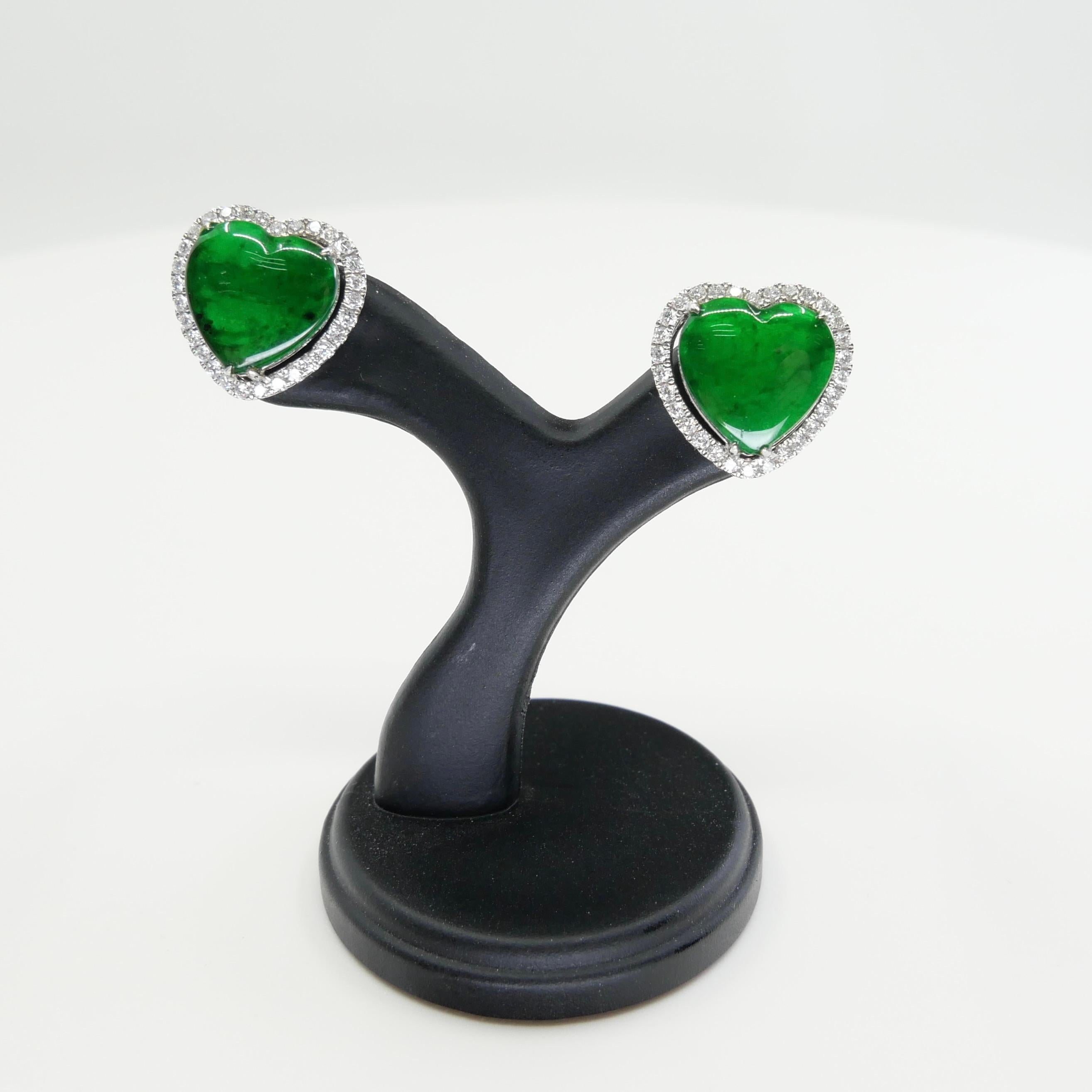 Certified Type A Jadeite and Diamond Earrings Imperial Jade, Spinach Green Color In New Condition In Hong Kong, HK