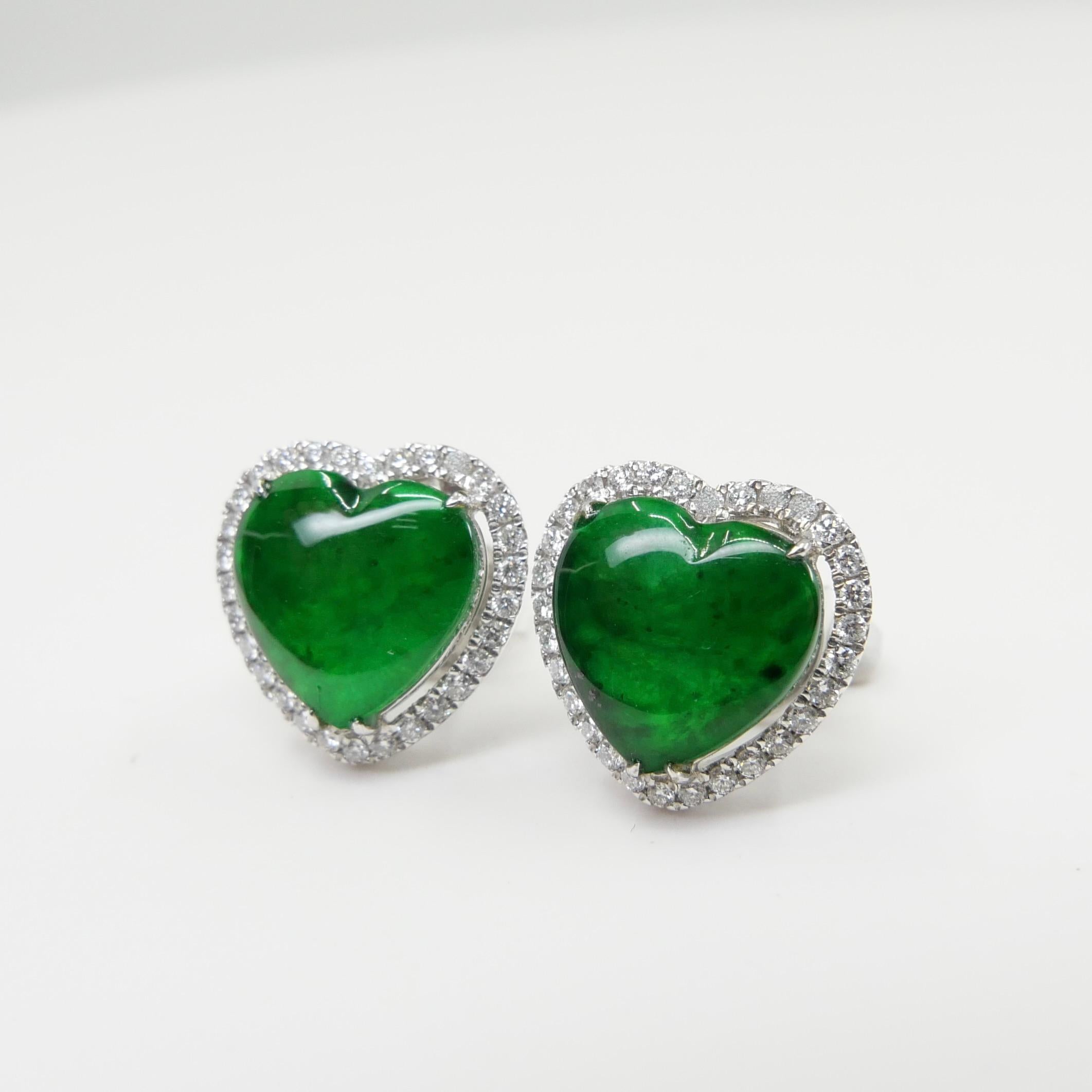 Certified Type A Jadeite and Diamond Earrings Imperial Jade, Spinach Green Color 1