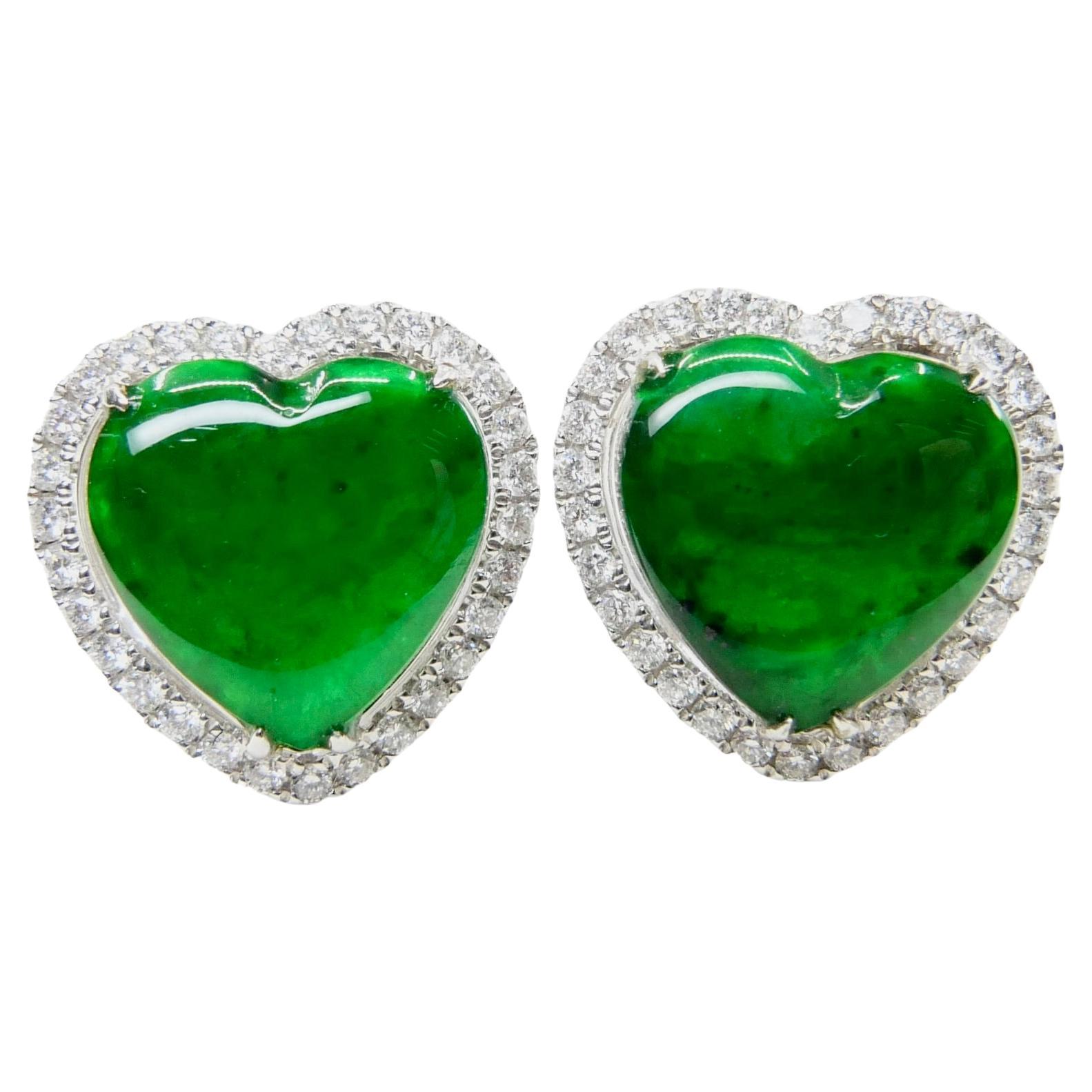 Women's Certified Type A Jadeite and Diamond Earrings Imperial Jade, Spinach Green Color