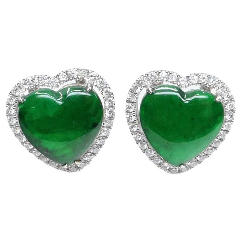 Certified Type A Jadeite and Diamond Earrings Imperial Jade, Spinach Green Color