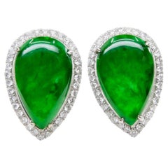Certified Type A Jadeite and Diamond Earrings Imperial Jade, Spinach Green Color
