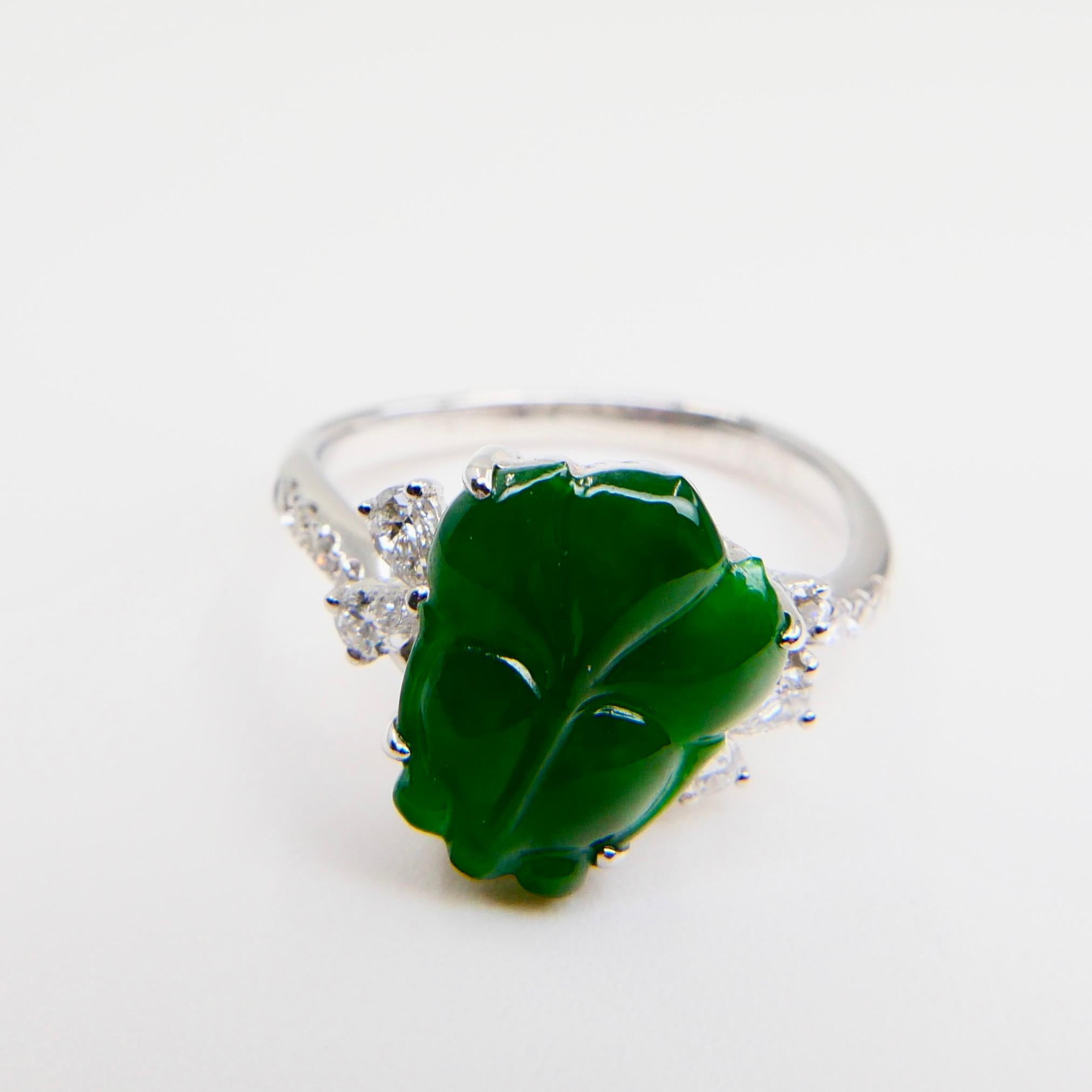 Certified Type A Jadeite Jade and Diamond Cocktail Ring, Best Imperial Green For Sale 2