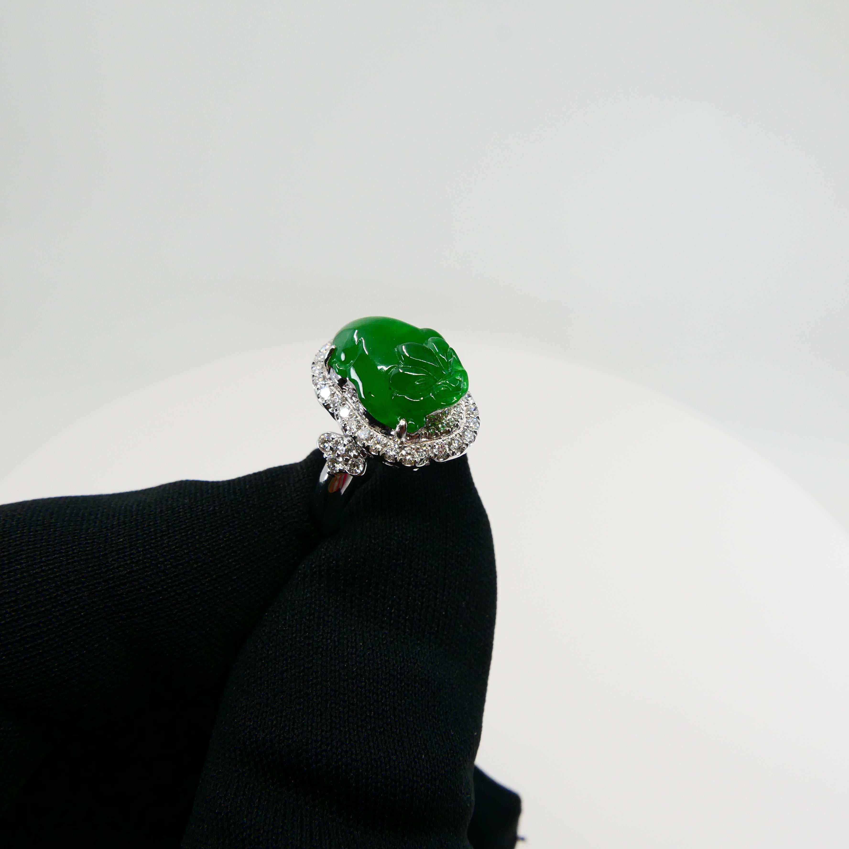 Certified Type A Jadeite Jade and Diamond Cocktail Ring, Best Imperial Green For Sale 4