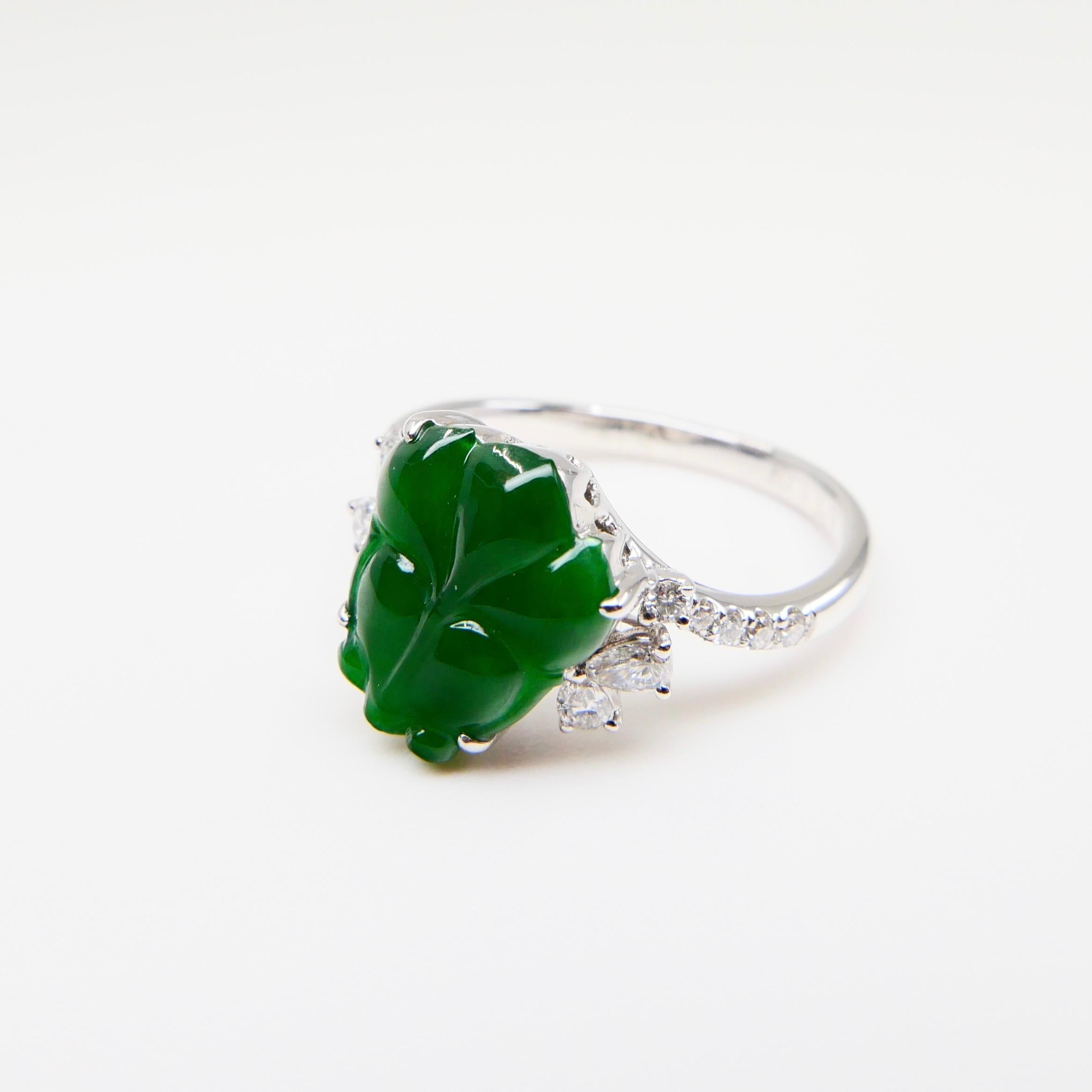 Certified Type A Jadeite Jade and Diamond Cocktail Ring, Best Imperial Green For Sale 3