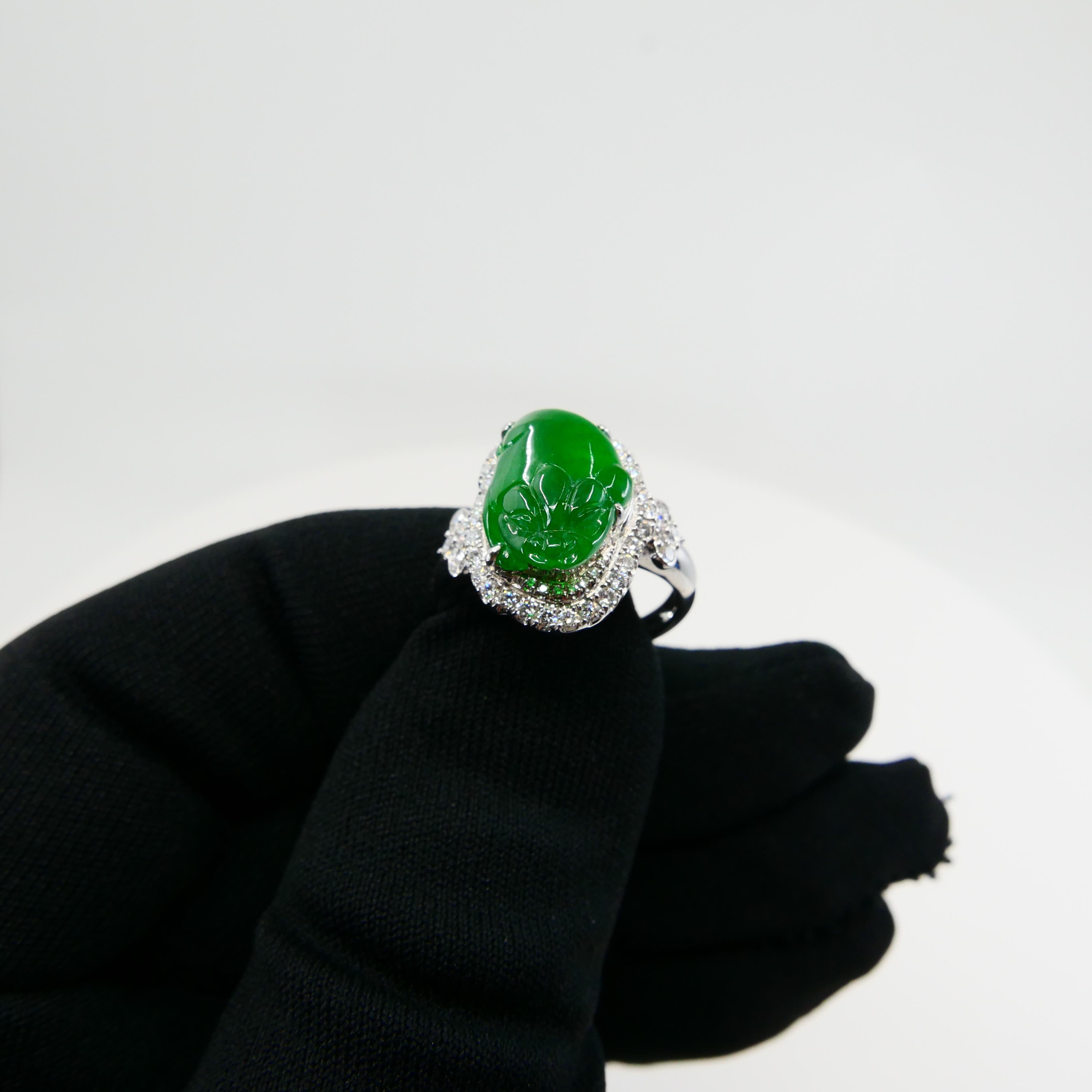Contemporary Certified Type A Jadeite Jade and Diamond Cocktail Ring, Best Imperial Green For Sale