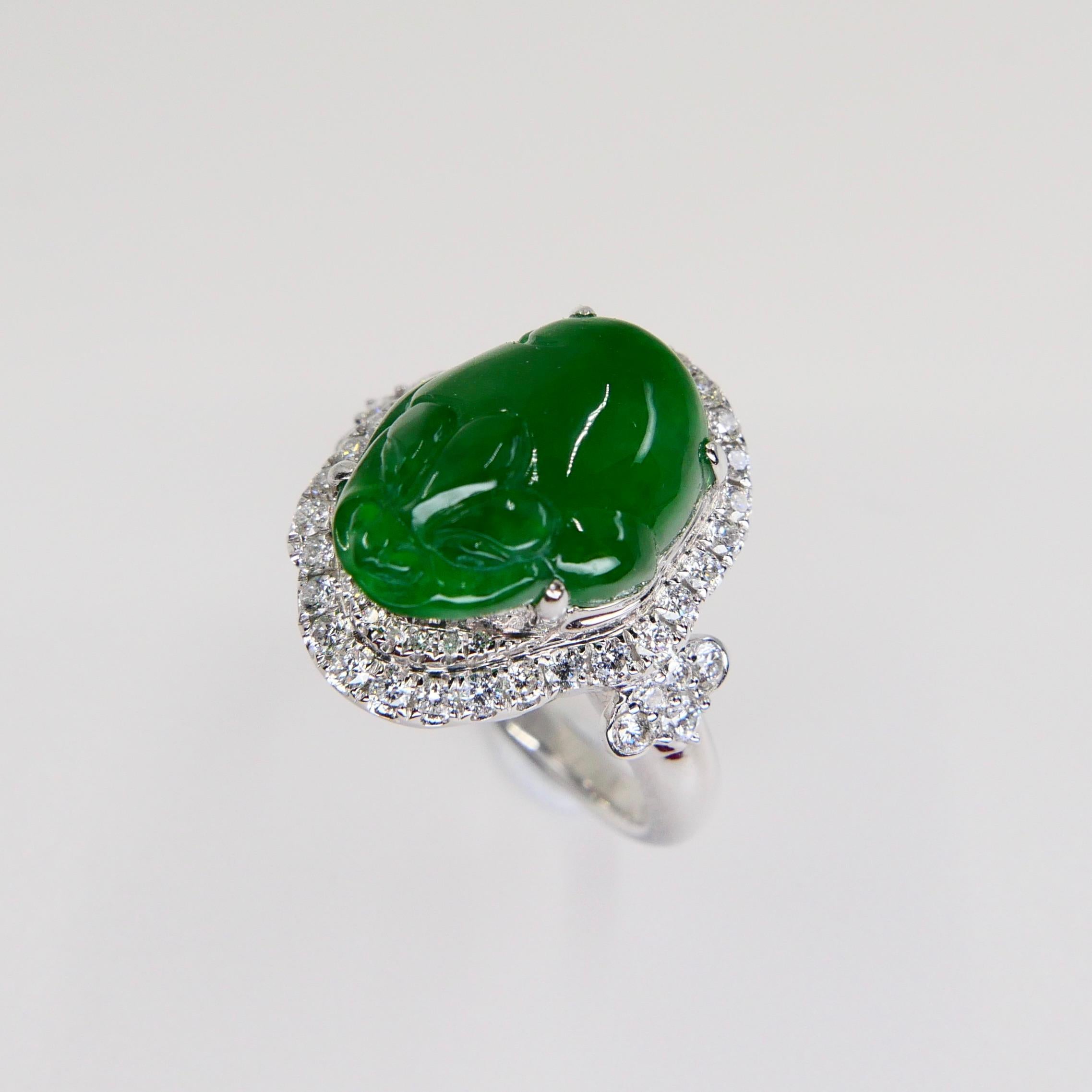 Rough Cut Certified Type A Jadeite Jade and Diamond Cocktail Ring, Best Imperial Green For Sale