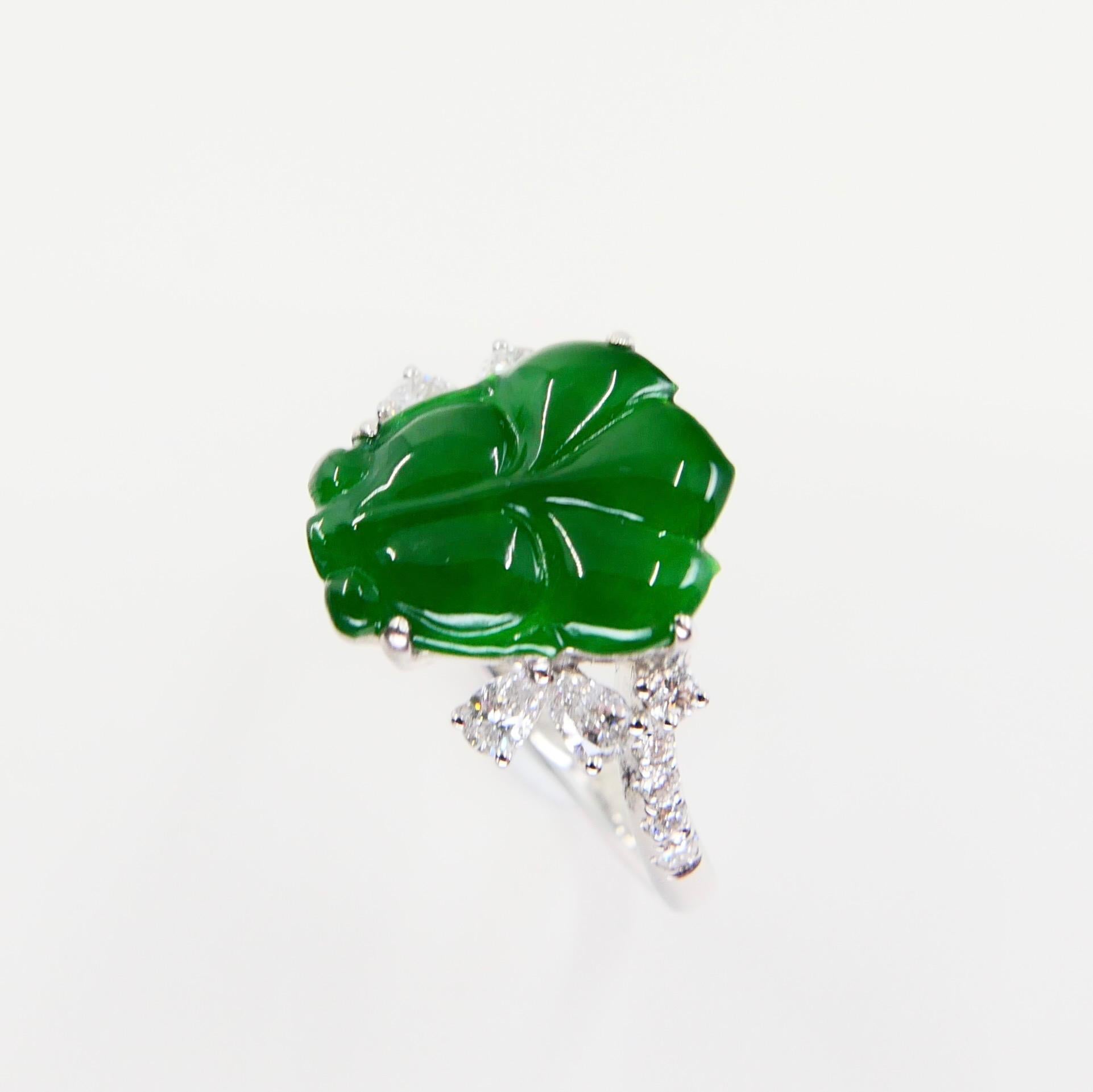 Rough Cut Certified Type A Jadeite Jade and Diamond Cocktail Ring, Best Imperial Green For Sale