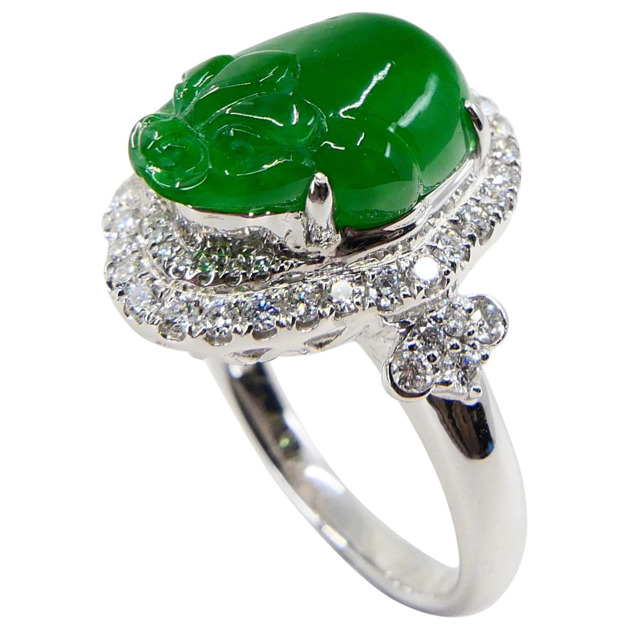 Certified Type A Jadeite Jade and Diamond Cocktail Ring, Best Imperial Green