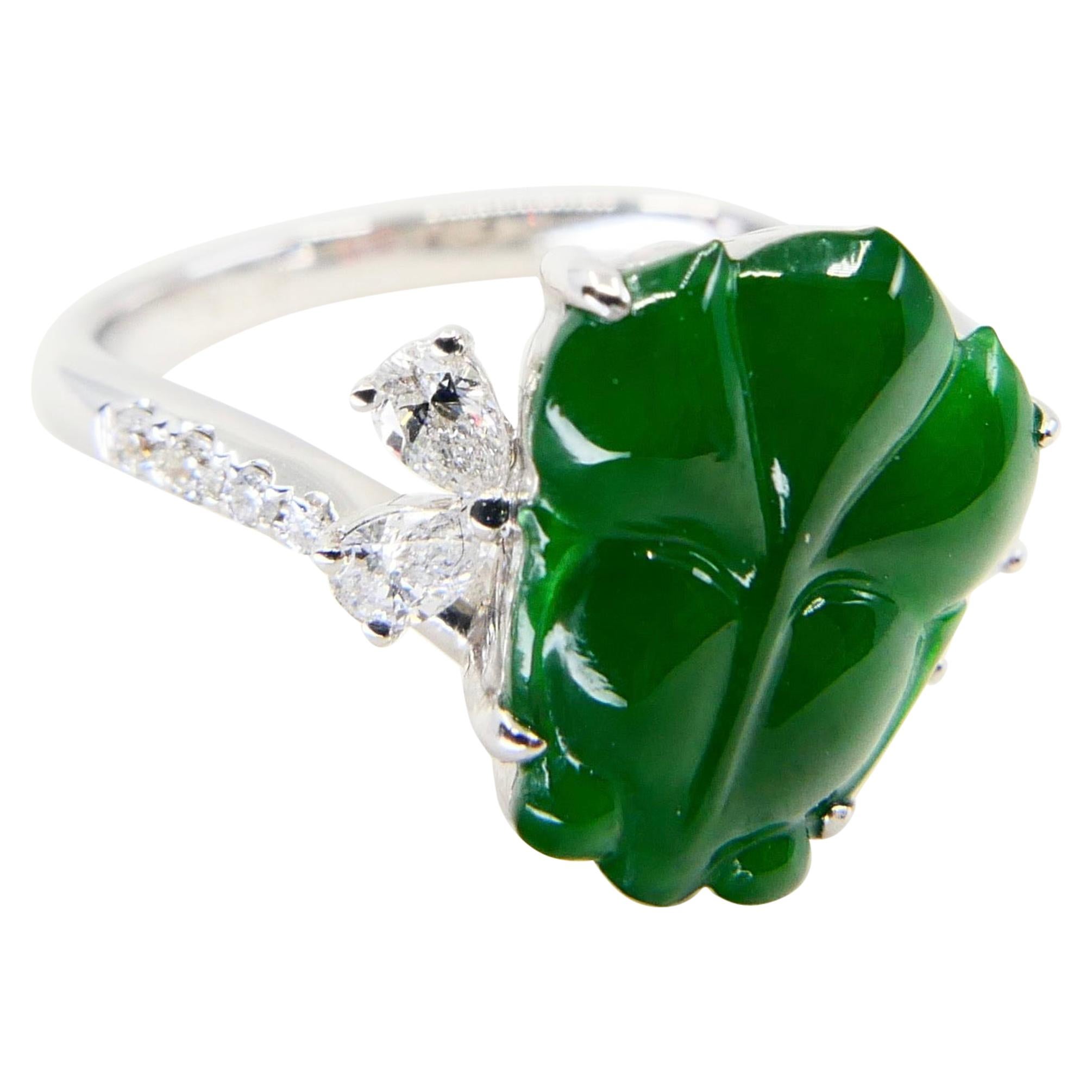 Certified Type A Jadeite Jade and Diamond Cocktail Ring, Best Imperial Green For Sale