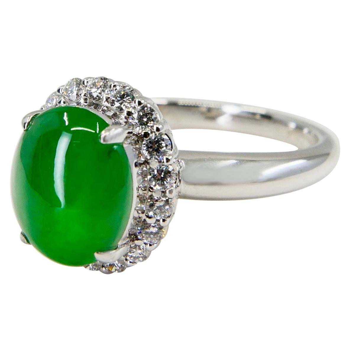 Certified Type A Jadeite Jade and Diamond Cocktail Ring, Close to Imperial Jade