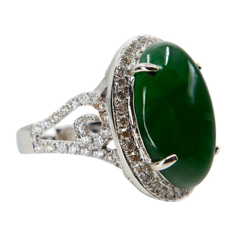 Certified Type A Jadeite Jade and Diamond Cocktail Ring, Intense Green ...