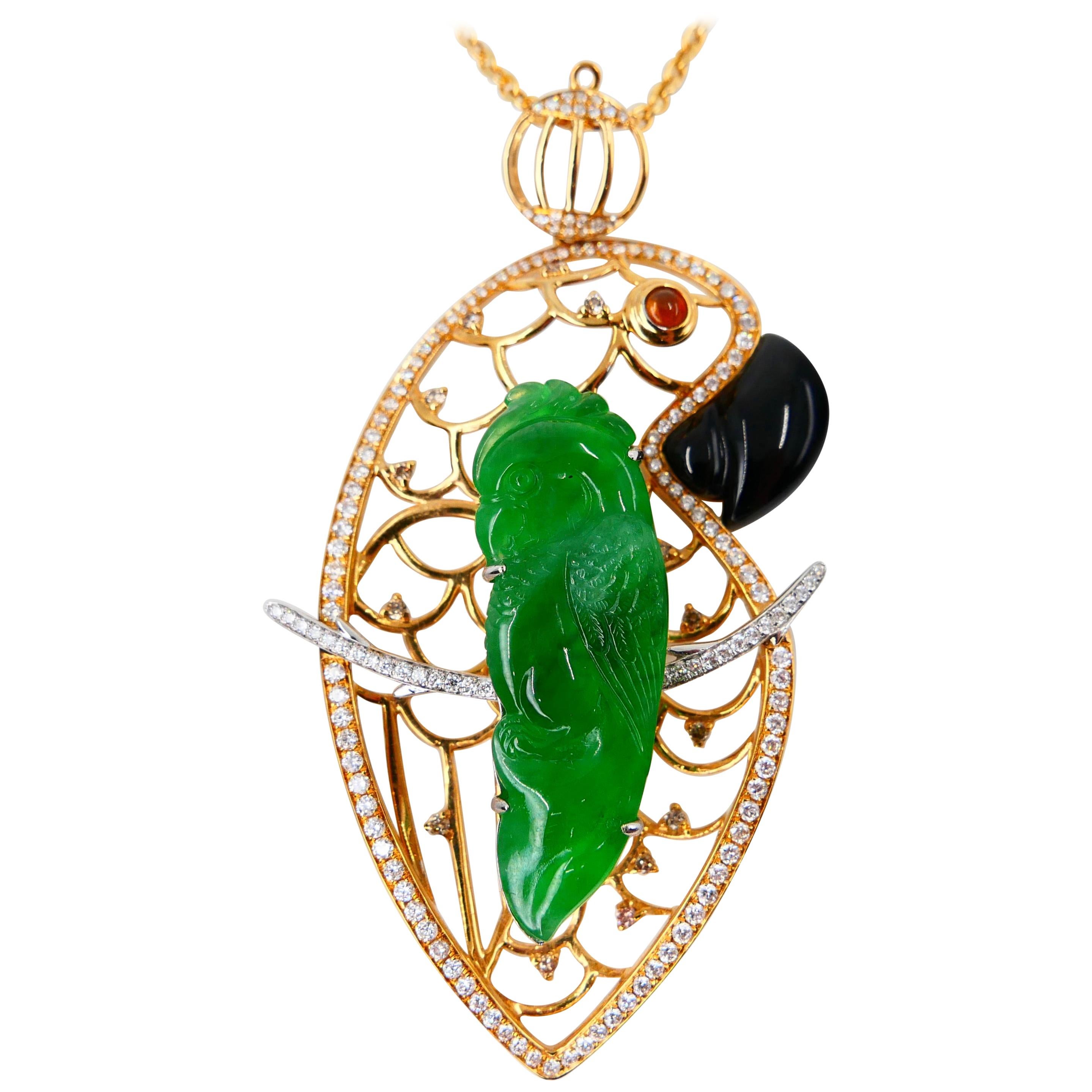 Certified Type A Jadeite Jade and Diamond Parrot Pendant, Vivid Green Color For Sale