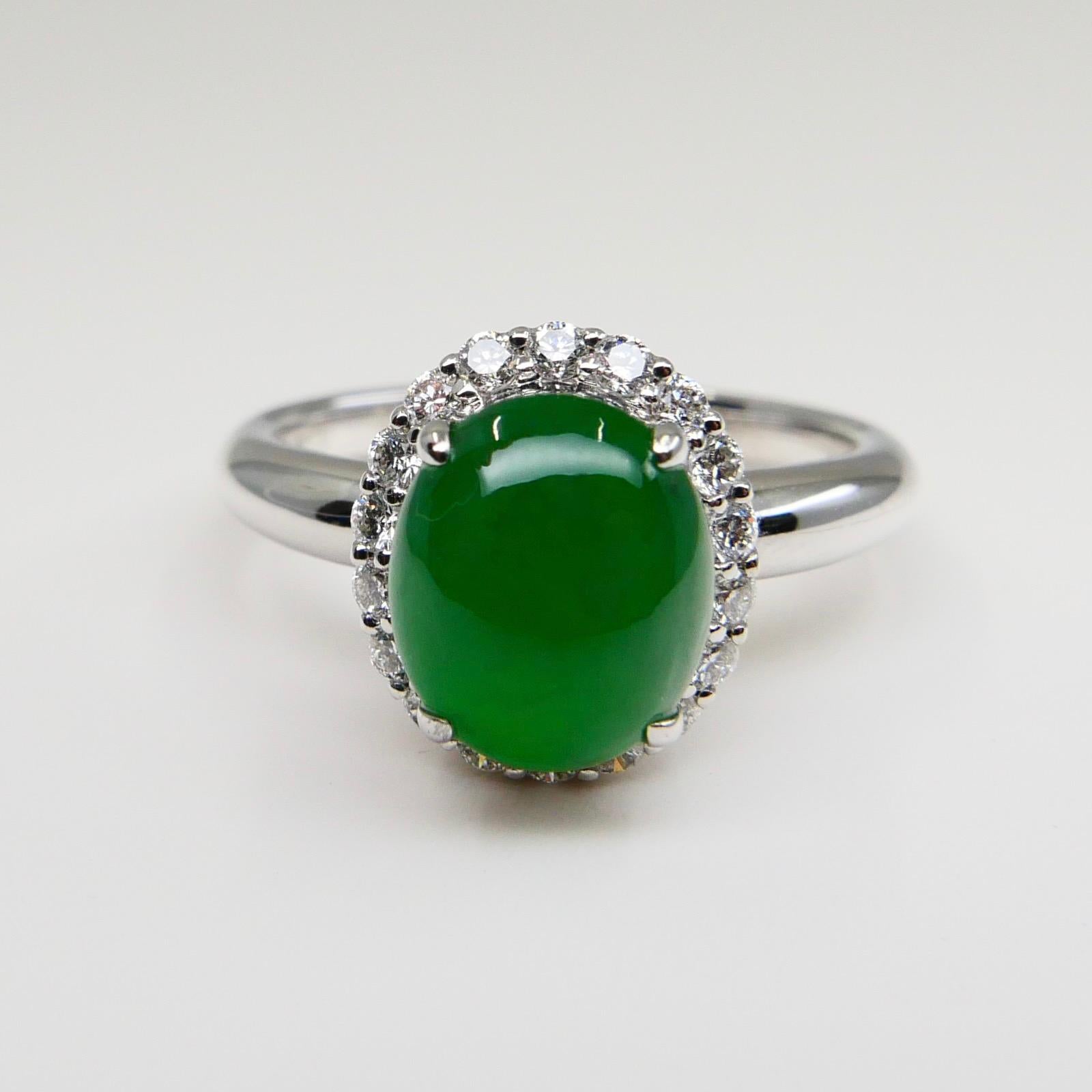 Cabochon Certified Type A Jadeite Jade and Diamond Cocktail Ring, Close to Imperial Jade For Sale