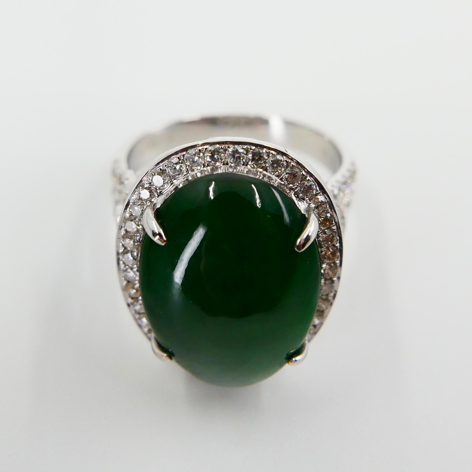 Certified Type A Jadeite Jade & Diamond Cocktail Ring, Intense Green Subtle Glow For Sale 5