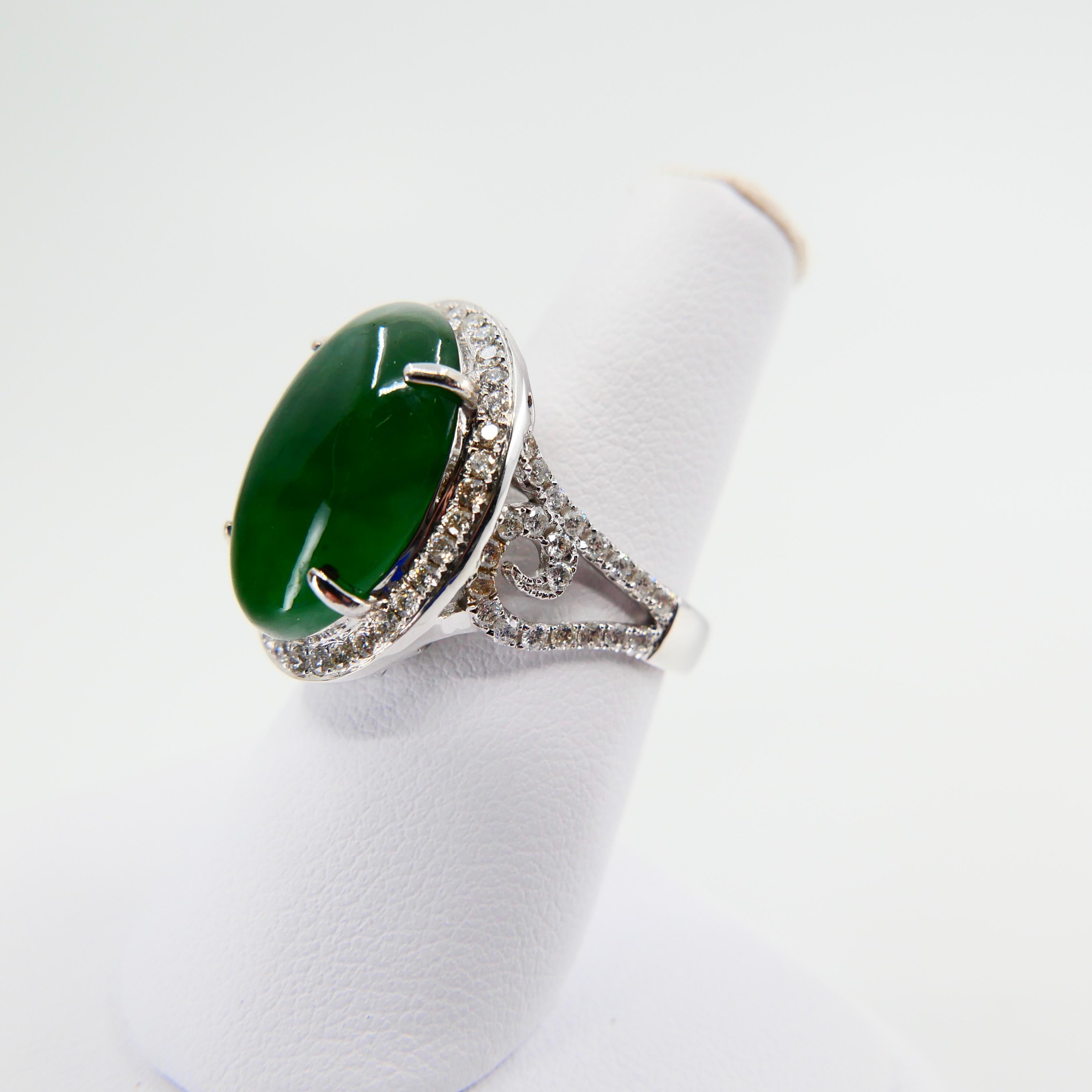 Certified Type A Jadeite Jade & Diamond Cocktail Ring, Intense Green Subtle Glow For Sale 8