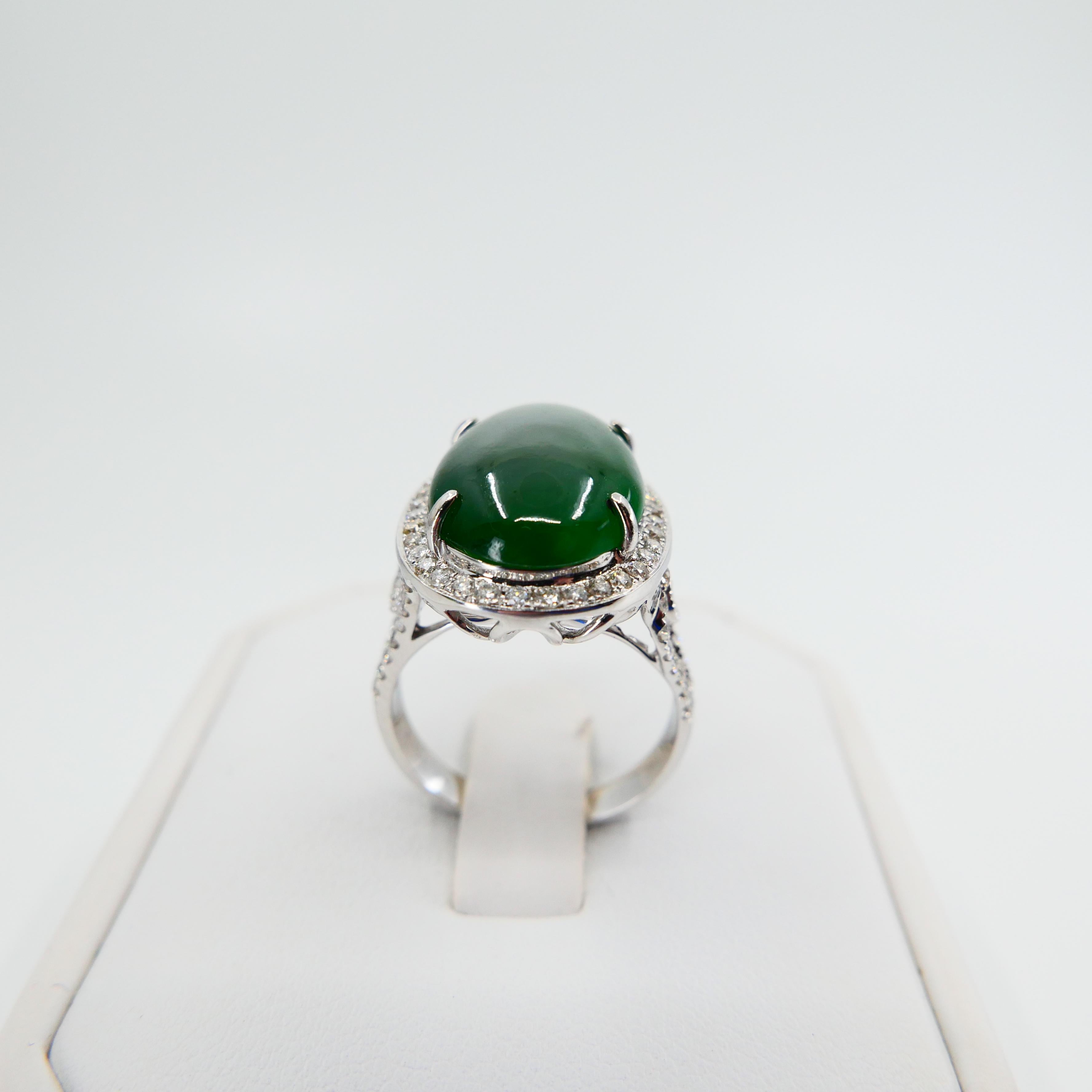 Certified Type A Jadeite Jade & Diamond Cocktail Ring, Intense Green Subtle Glow For Sale 9