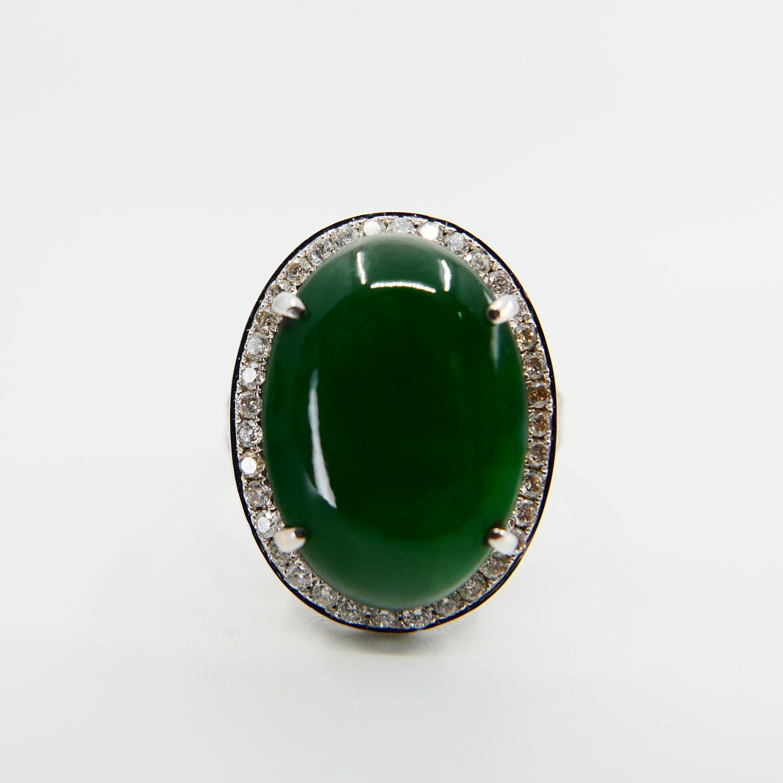 Oval Cut Certified Type A Jadeite Jade & Diamond Cocktail Ring, Intense Green Subtle Glow For Sale