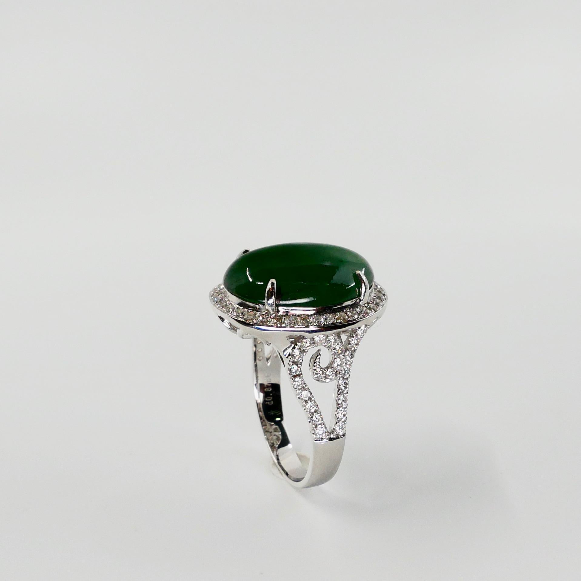 Women's Certified Type A Jadeite Jade & Diamond Cocktail Ring, Intense Green Subtle Glow For Sale