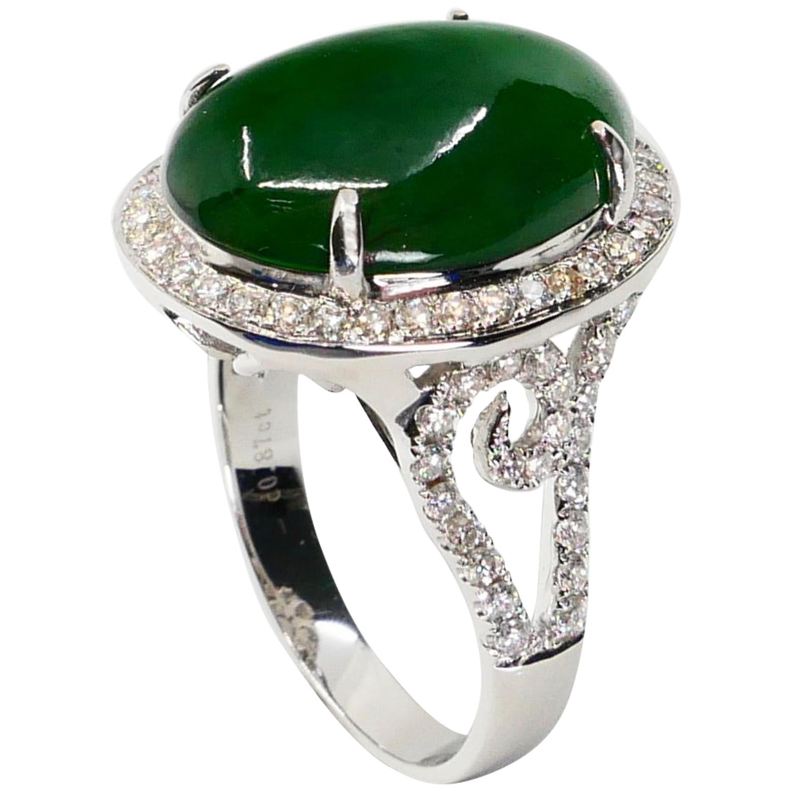 Certified Type A Jadeite Jade & Diamond Cocktail Ring, Intense Green Subtle Glow For Sale