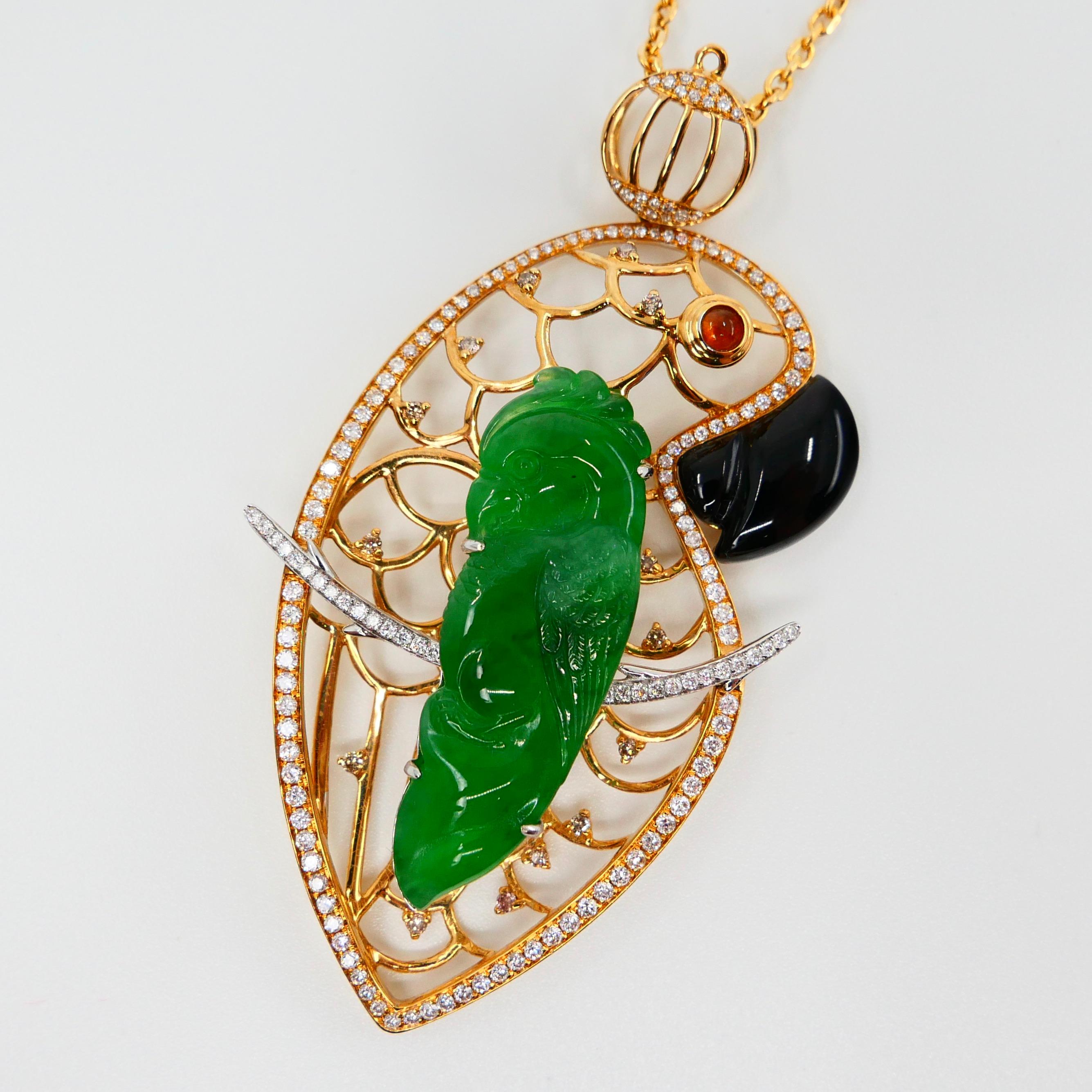 Certified Type A Jadeite Jade and Diamond Parrot Pendant, Vivid Green Color For Sale 3