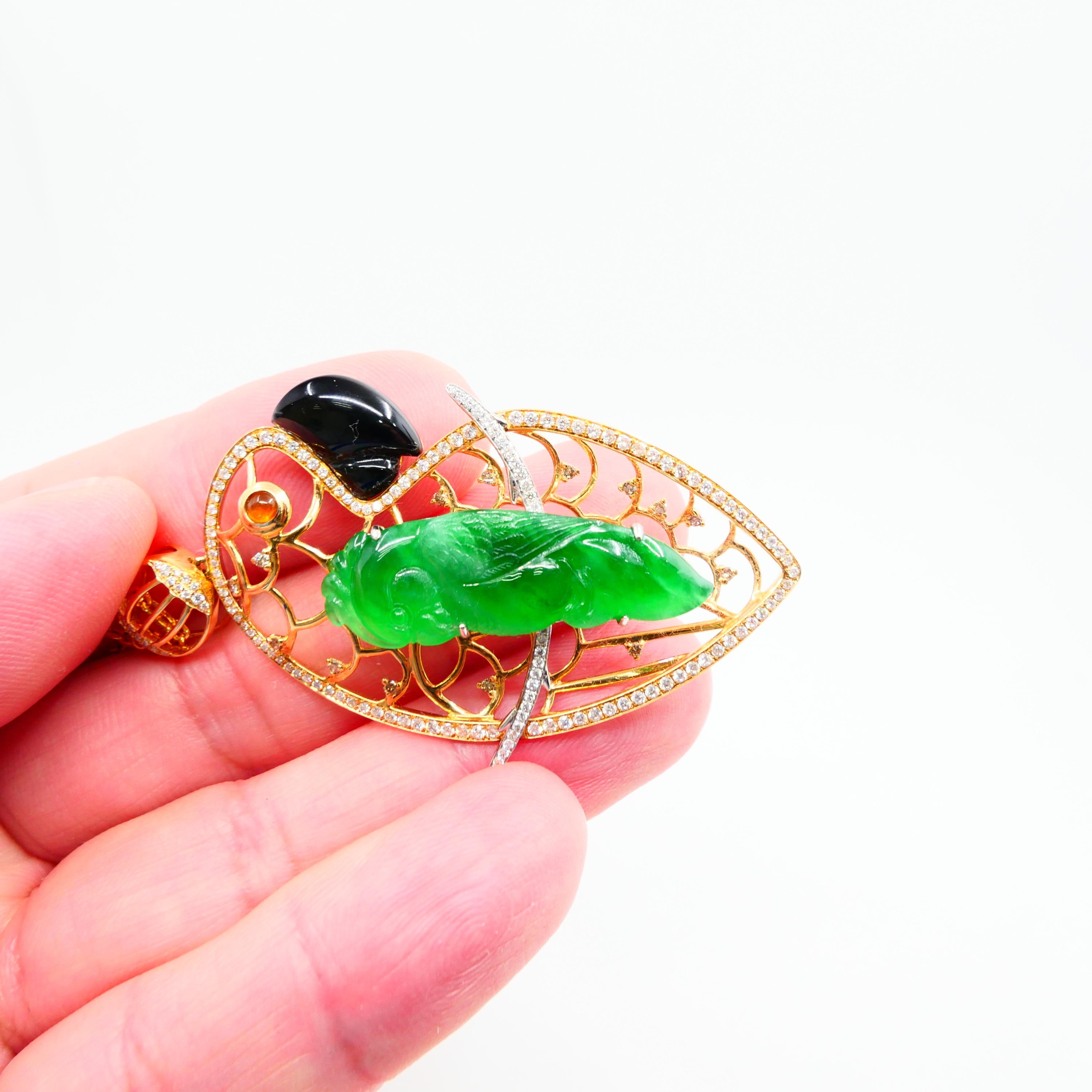Zertifizierter Typ A Jadeit Jade und Diamant-Papagei-Anhänger, Vivid Green Color im Angebot 9