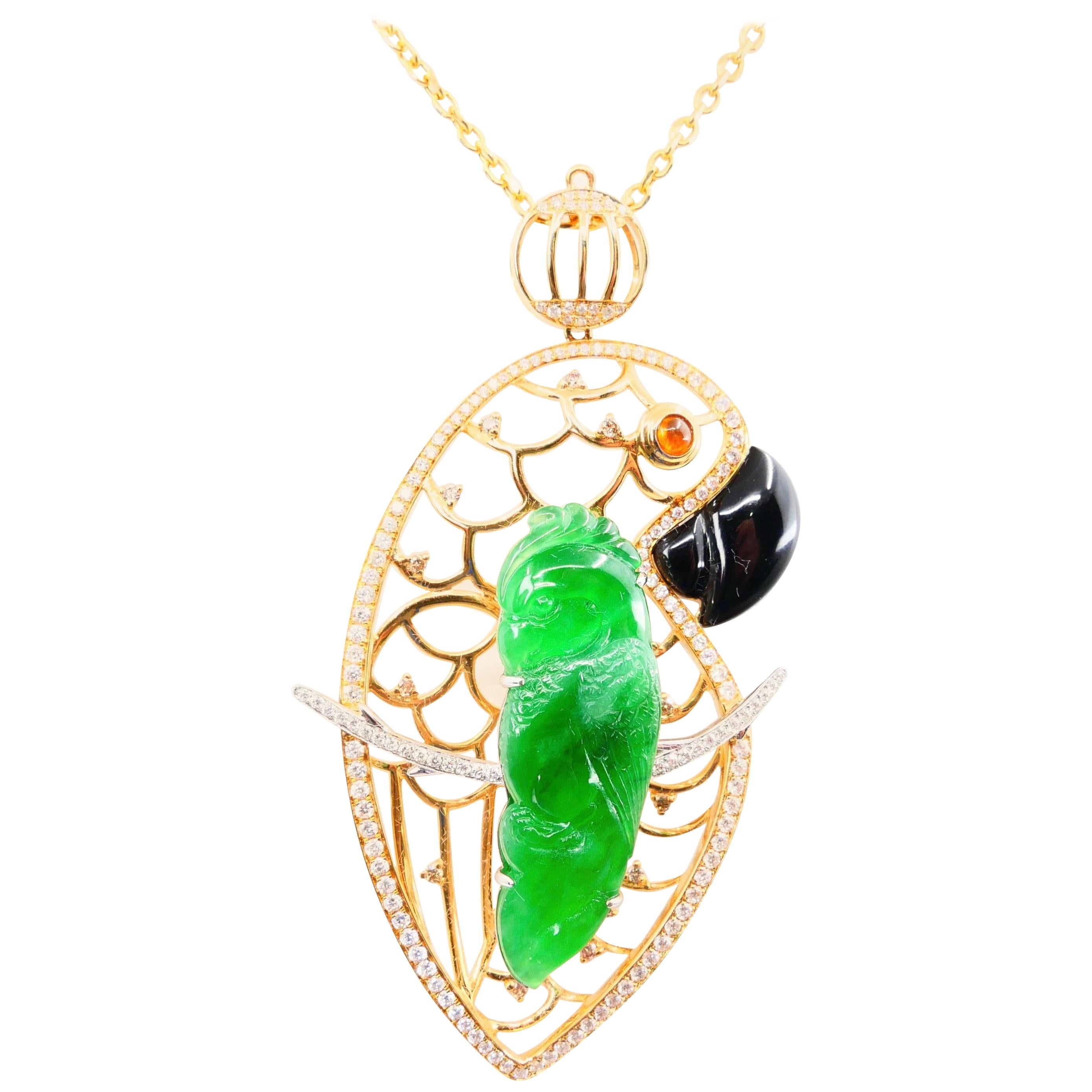 Certified Type A Jadeite Jade and Diamond Parrot Pendant, Vivid Green Color For Sale 5